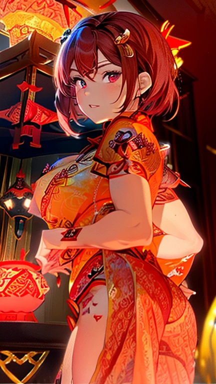 Highest quality、highest quality、Highest Resolution、beautiful girl, Bright red hair,Short Hair、Big Breasts、Hair clip, Detailed purple eyes, ((Red cheongsam like underwear:1.4)),Firm breasts,Gold Necklace、Golden earrings、In close range