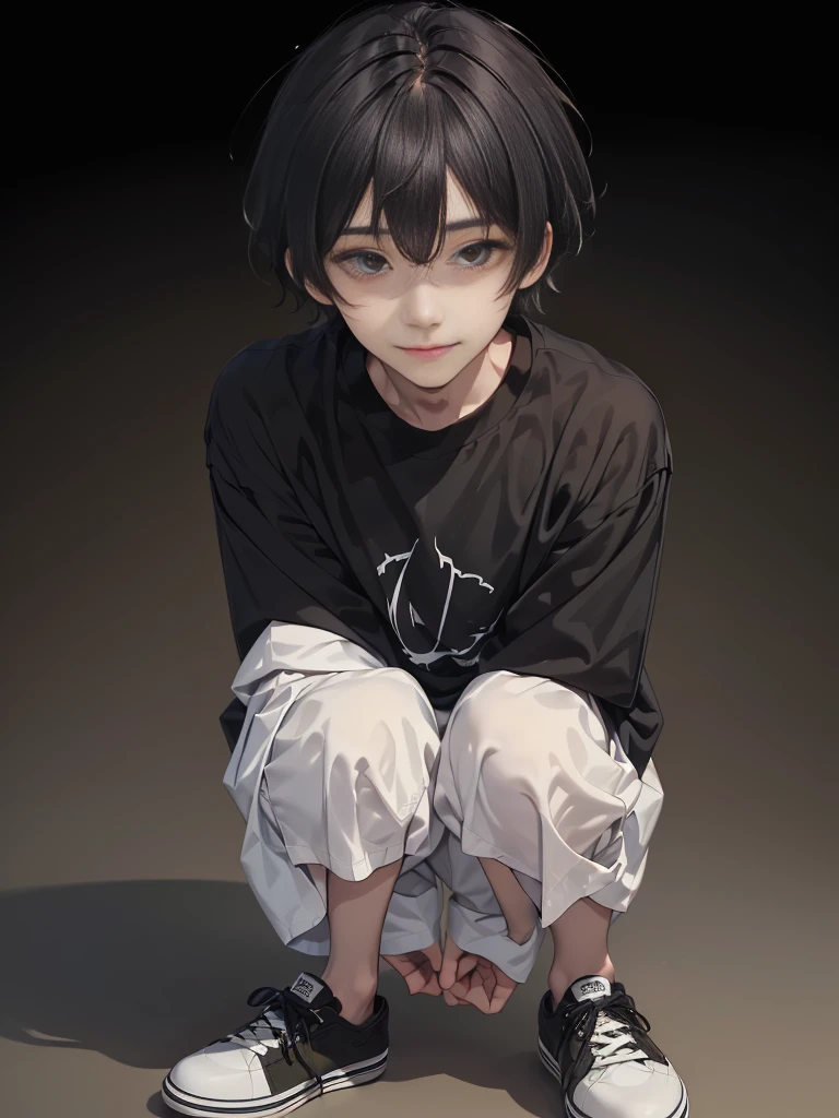 Masterpiece, best quality,独奏, one Japanese boy, 18 years old,(tall and thin,sleepy droopy eyes, long face, (thin cheeks:1.2),(black shaggy short hair,blank expression:1.5),(Black long T-shirt,Long sleeve,Olive cargo pants,Black sneakers,Full body portrait:1.5),(Plain background:1.5),(feigned smile,close-up of a face:1.2)