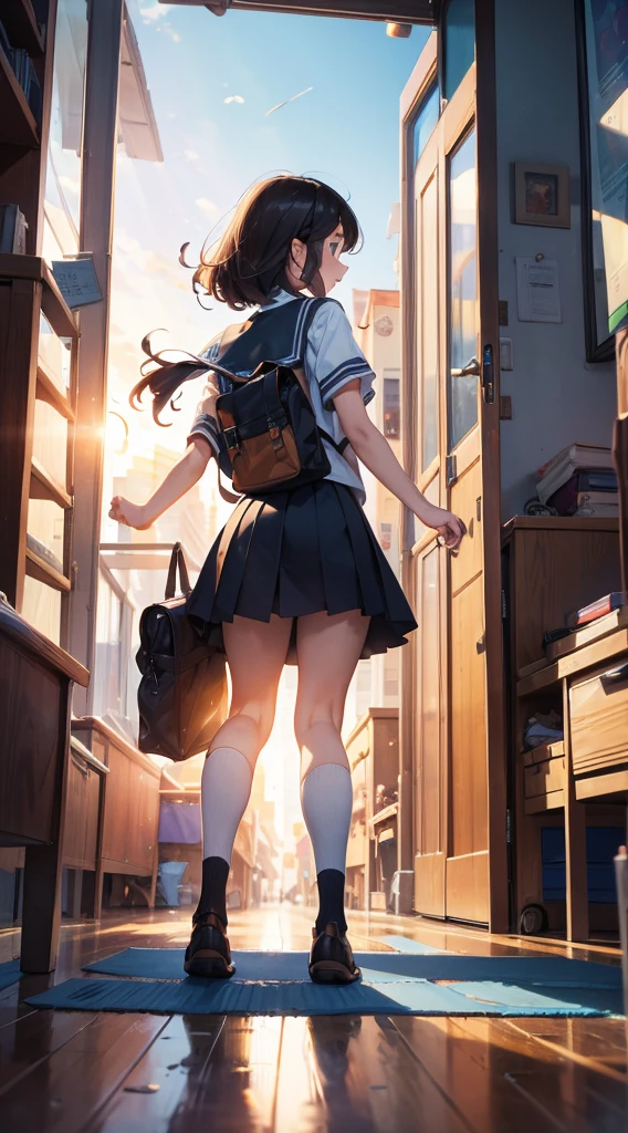 masterpiece, best quality, ultra-detailed,(),sel anime, ,anime moe art style,animated style illustration, (beautiful eyes), ((cute)), cute, (lovely),, , shiny skin, ,ultra high res, 
1 girl,full body,,smile,school blazer,A girl putting on shoes in a shoe rack,School Entrance Hall,short sleeves,miniskirt,indoor,profile,