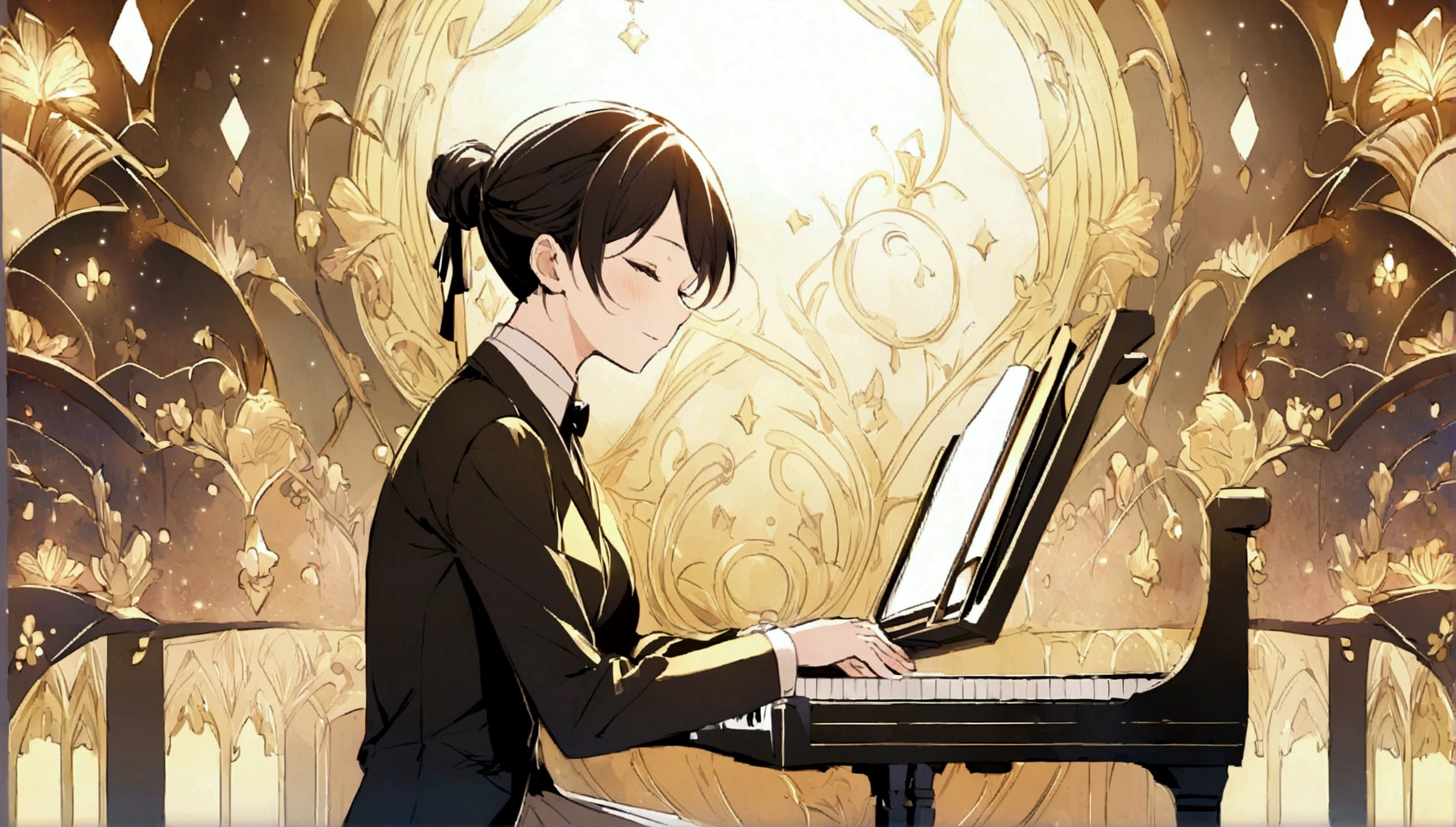 Draw a music festival poster，play piano，Musical note elements