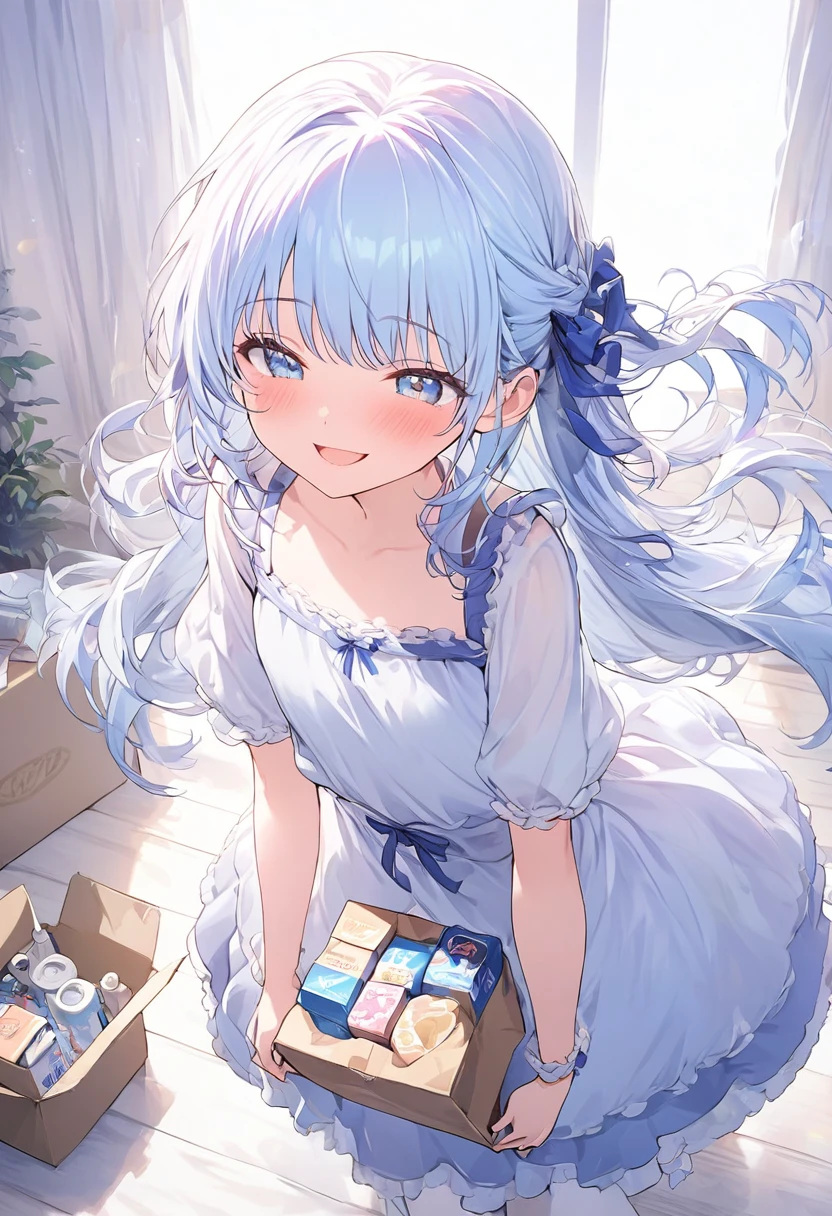 masterpiece, best quality, extremely detailed, (illustration, official art:1.1), 1 girl ,(((( light blue long hair)))), ,(((( light blue long hair)))),light blue hair, , long hair ((blush)) , cute face, masterpiece, best quality,(((((a very delicate and beautiful girl))))),Amazing,beautiful detailed eyes,blunt bangs((((little delicate girl)))),(((tareme))),Close your eyes and laugh.(true beautiful:1.2), sense of depth,dynamic angle,,,, affectionate smile, (true beautiful:1.2),,(tiny 1girl model:1.2),)(flat chest),bend at the waist、Movers、Trying to lift a cardboard box off the floor、Pink haired woman、blue eyes,moving,room,tidying up,cardboard, As (she carries the carton 3 box:1.3), she looks excited about living in her new room.
smile girl