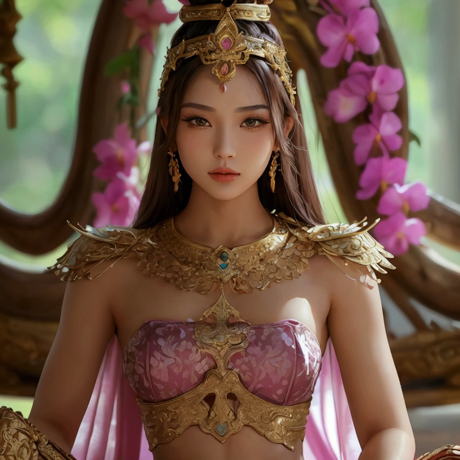 Create an image of a beautiful woman wearing a sexy traditional Thai female warrior outfit. She has a slender face, sharp eyes, long hair, an angled face, a high nose, thin lips, a chest size of 32 inches, a waist size of 24 inches, hips size 33 inches, her skin is bright and white. she has brown hair She has pink nipples Her body was slim and muscular like an athlete. And she was enjoying sitting with her legs spread in an M shape, showing off her very attractive genitals.