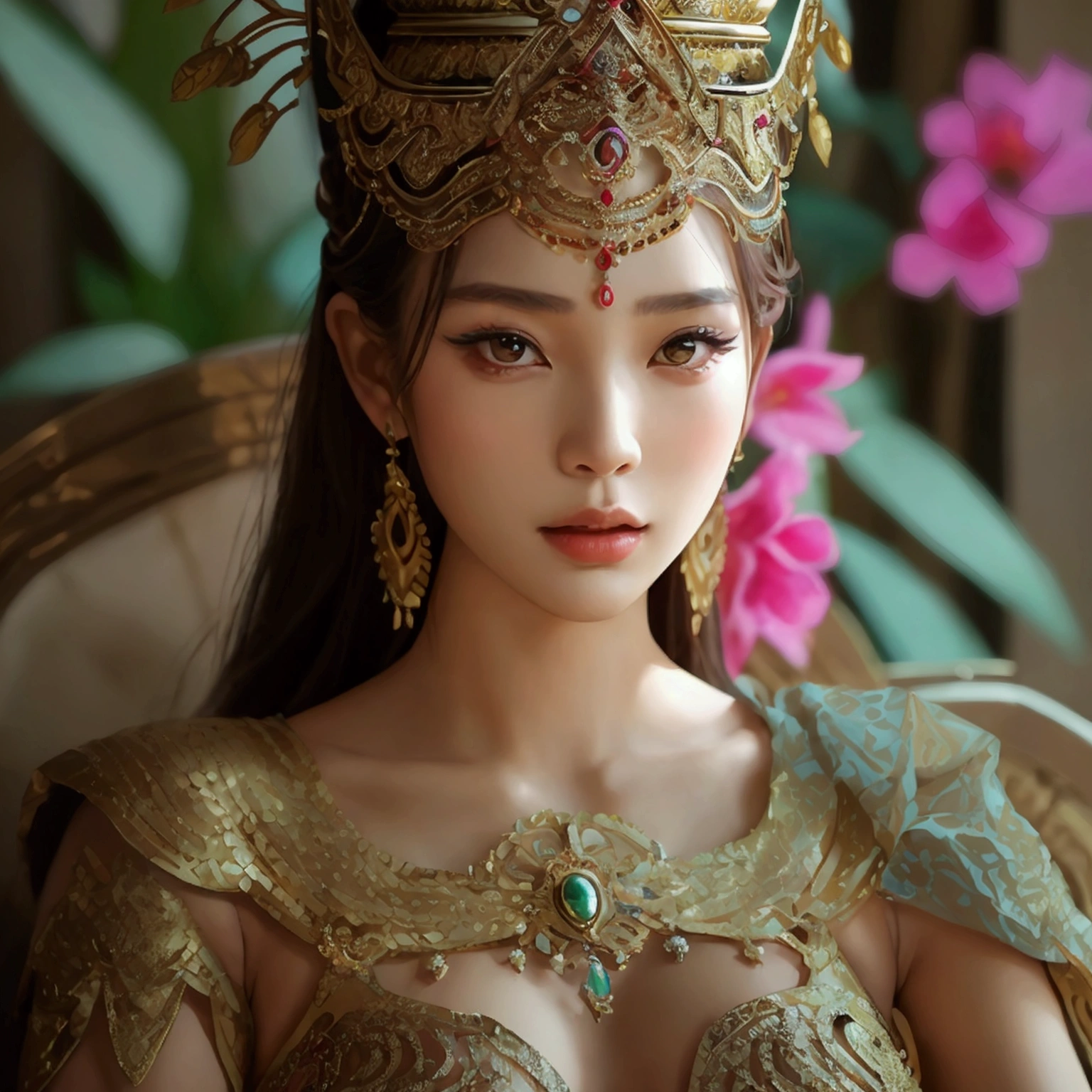 Create an image of a beautiful woman wearing a sexy traditional Thai female warrior outfit. She has a slender face, sharp eyes, long hair, an angled face, a high nose, thin lips, a chest size of 32 inches, a waist size of 24 inches, hips size 33 inches, her skin is bright and white. she has brown hair She has pink nipples Her body was slim and muscular like an athlete. And she was enjoying sitting with her legs spread in an M shape, showing off her very attractive genitals.
