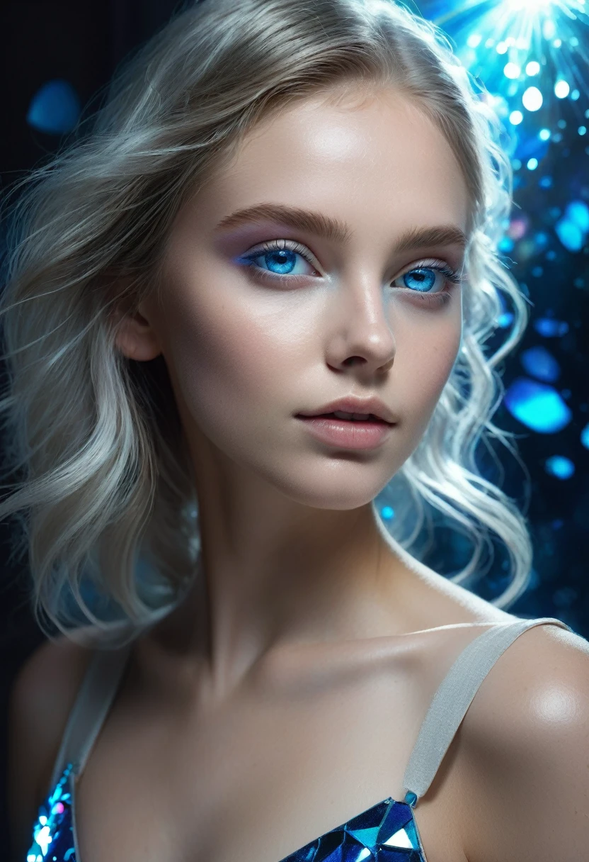 8K,Best quality, masterpiece, ultra high res, (photorealistic:1.4), raw photo, (Authentic skin texture:1.3), (film grain:1.3), (selfie angle),1girl,beautiful detailed deep blue eyes and face, masterpiece, best quality, close-up, black n white, Broken Glass effect, no background, stunning, something that even doesn't exist, mythical being, energy, molecular, textures, iridescent and luminescent scales, breathtaking beauty, pure perfection, divine presence, unforgettable, impressive, breathtaking beauty, Volumetric light, auras, rays, vivid colors reflects