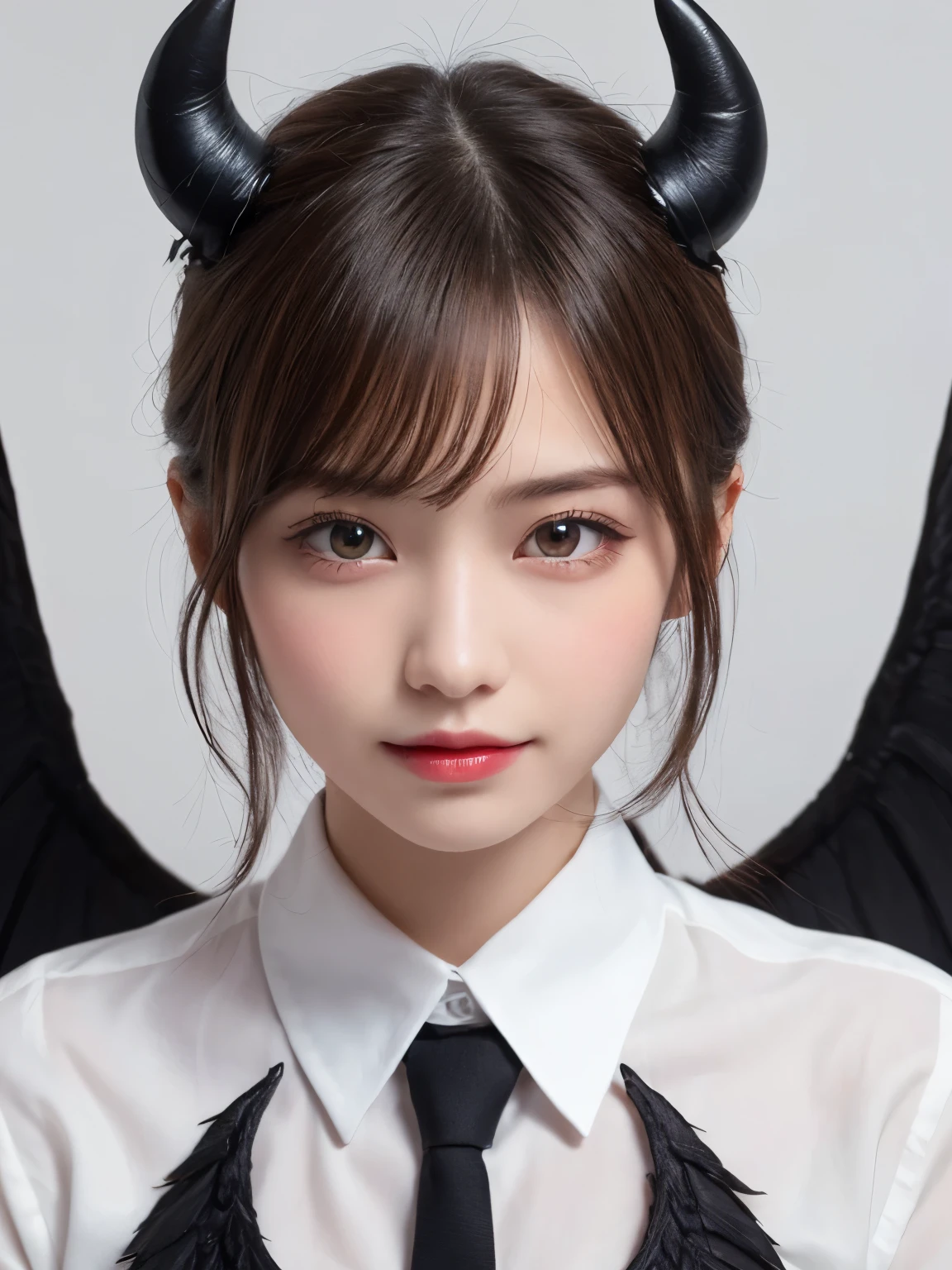 white background, half body portrait, one girl, (a beauty girl, delicate girl:1.3), (20 years old:1.3), break, (bloody costume, devil's horns, devil's wings:1.2), break, (gates of hell:1.2), break, very fine eyes, (symmetrical eyes:1.3), break, small breasts, brown eyes, parted bangs, brown hair, (smile), break, (eyes and faces with detailed:1.0), break, (masterpiece, best quality, ultra detailed, detailed face, 8k)