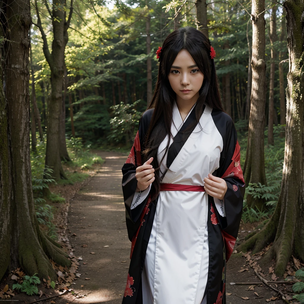 Kimetsu no Yaiba style, 1girl, unique, Red eyes, Red poetry, Extra long hair, red kimono, Obi belt, ((Masterpiece)), ((Personal photos a)), The forest is on fire, The forest is on fire