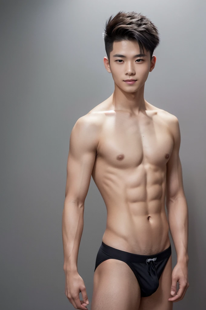 Japanese male model in thongs, Full Body Shoot, Quiff haircut, look at camera, detailed facial parts, Manly, Charmer, Active Boy, stand in front of gray background, Freestyle Pose, Happy Expression, perfect anatomy, symmetric body, asian boy 19 years old, shirtless :: high detail, asian, a little six packs attractive body, realistic, human skin, Short Hairstyle, handsome chad chin, shirtless, handsome, attractive, masculine, sexually attractive, human skin, (eyes contact), Handsome, Attractive