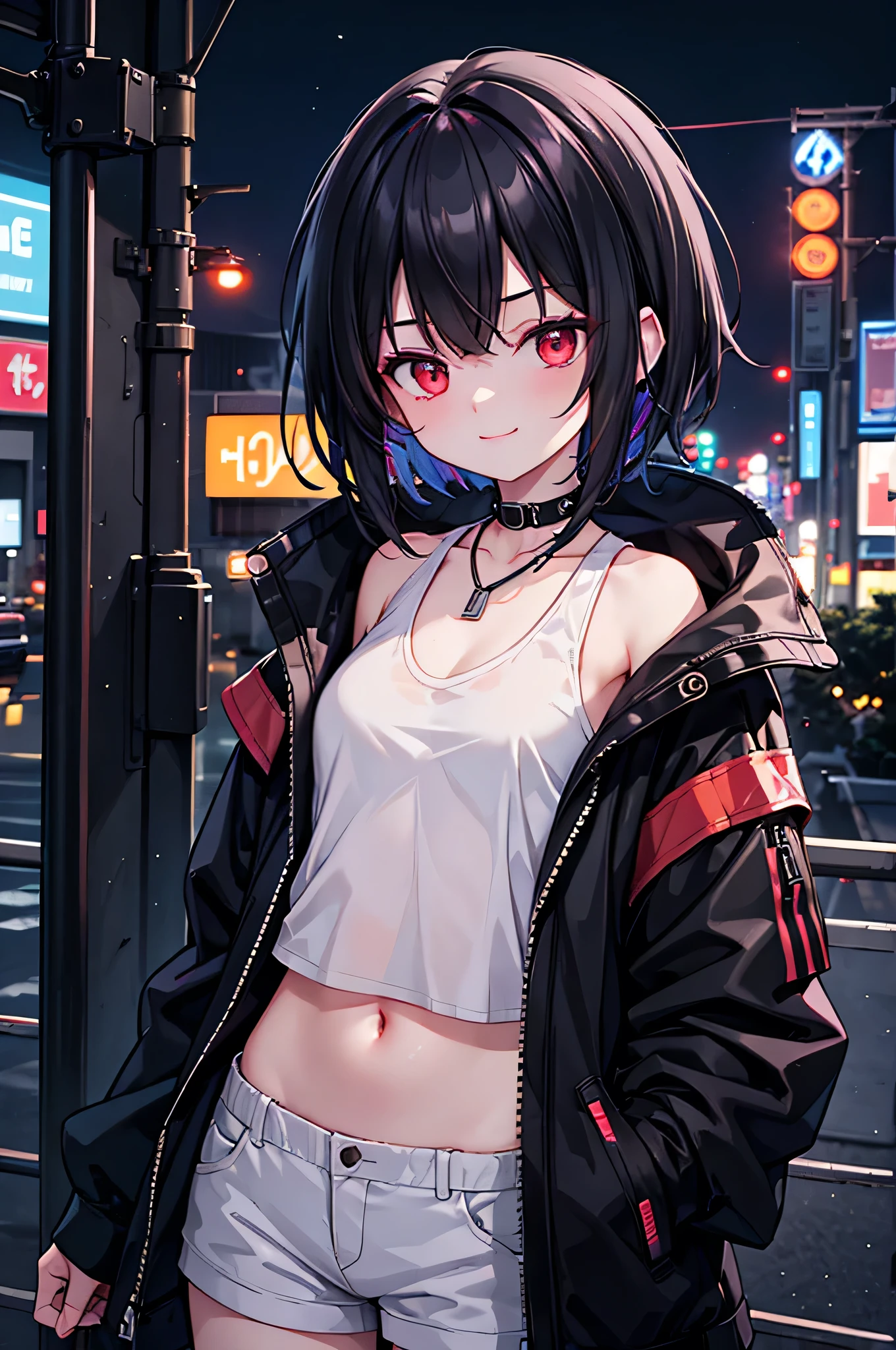 (masterpiece), cyber punk, city, night, Neon Light, city lights, One girl, Black Hair,White tank top with red pattern, short hair,Red Eye,hair ornaments,Around 16 years old,smile,He has taken off his jacket and is exposing his shoulders.,Navel showing