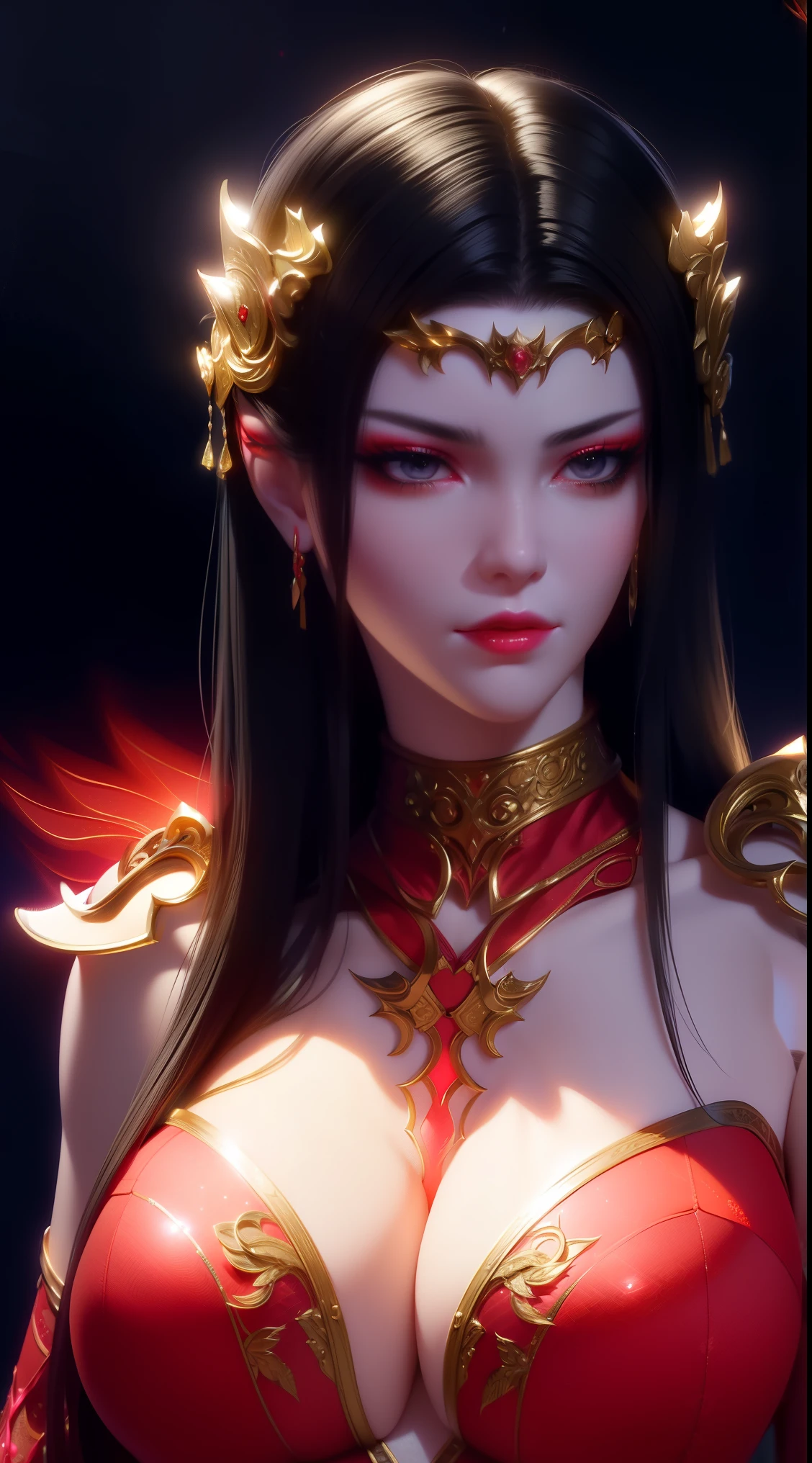 1 very beautiful queen medusha in hanfu dress, thin red silk shirt with many yellow motifs, black lace top, long hair dyed black, beautiful hair jewelry, pretty face pretty and cute, perfect face, earring jewelry, head and hair jewelry, antique jewelry, big red eyes, sharp eye makeup, meticulous makeup eyelashes, thin eyebrows, nose tall, pretty red lips, no smile, pursed lips, rosy cheeks, breast augmentation, wide breasts, big breasts, well-proportioned breasts, slim waist, red mesh stockings with black lace, Chinese hanfu style, fictional art patterns, colors vivid and realistic, RAW photos, realistic photos, ultra-high quality 8k surreal photos, cool photos, (virtual lighting effects: 1.8), 10x pixels, magic effects (background): 1.8), super detailed eyes, beautiful girl body portrait, girl alone, ancient hanfu background, looking directly at the audience, wide original photo, 8k quality, super sharp, detailed and clear picture best, detailed light background,