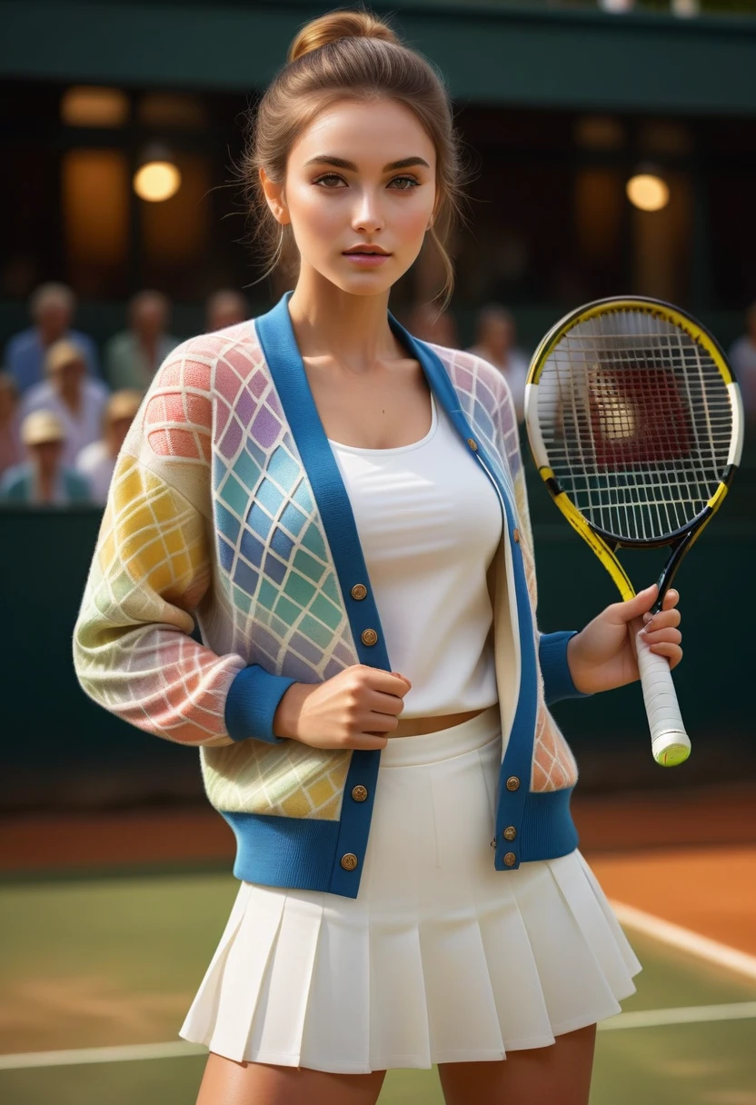 a beautiful elegant tennis girl, fashionable, wearing tennis wear, cardigan on shoulder, impeccable makeup, detailed facial features, delicate skin, graceful pose, intricate clothing textures, warm lighting, vibrant colors, photorealistic, 8k, high quality, intricate details, digital painting, concept art style