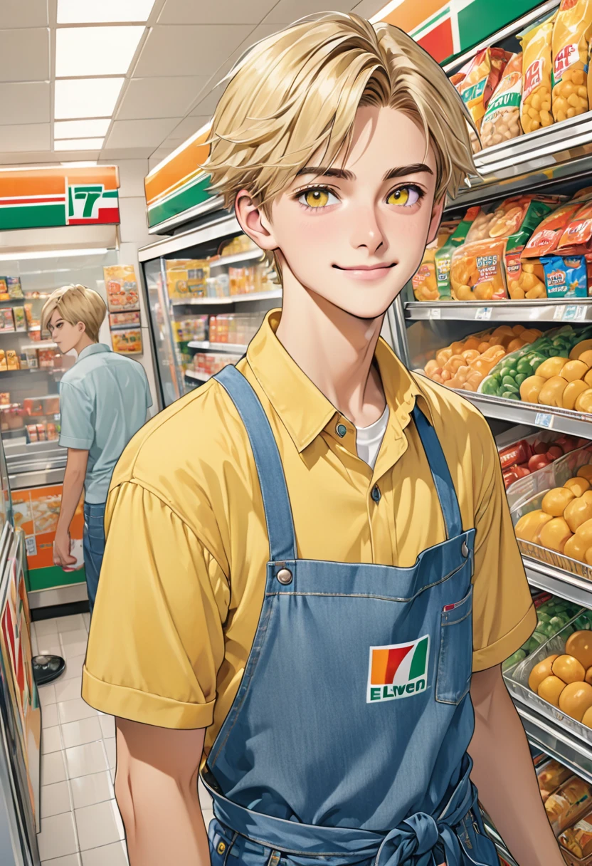 illustration, detailed illustration, ultra detailed, dynamic angle, 1boy, 18 year old boy, short blonde hair, wide hazel eyes, faint smile, pretty, 7-eleven, jeans, yellow shirt, apron