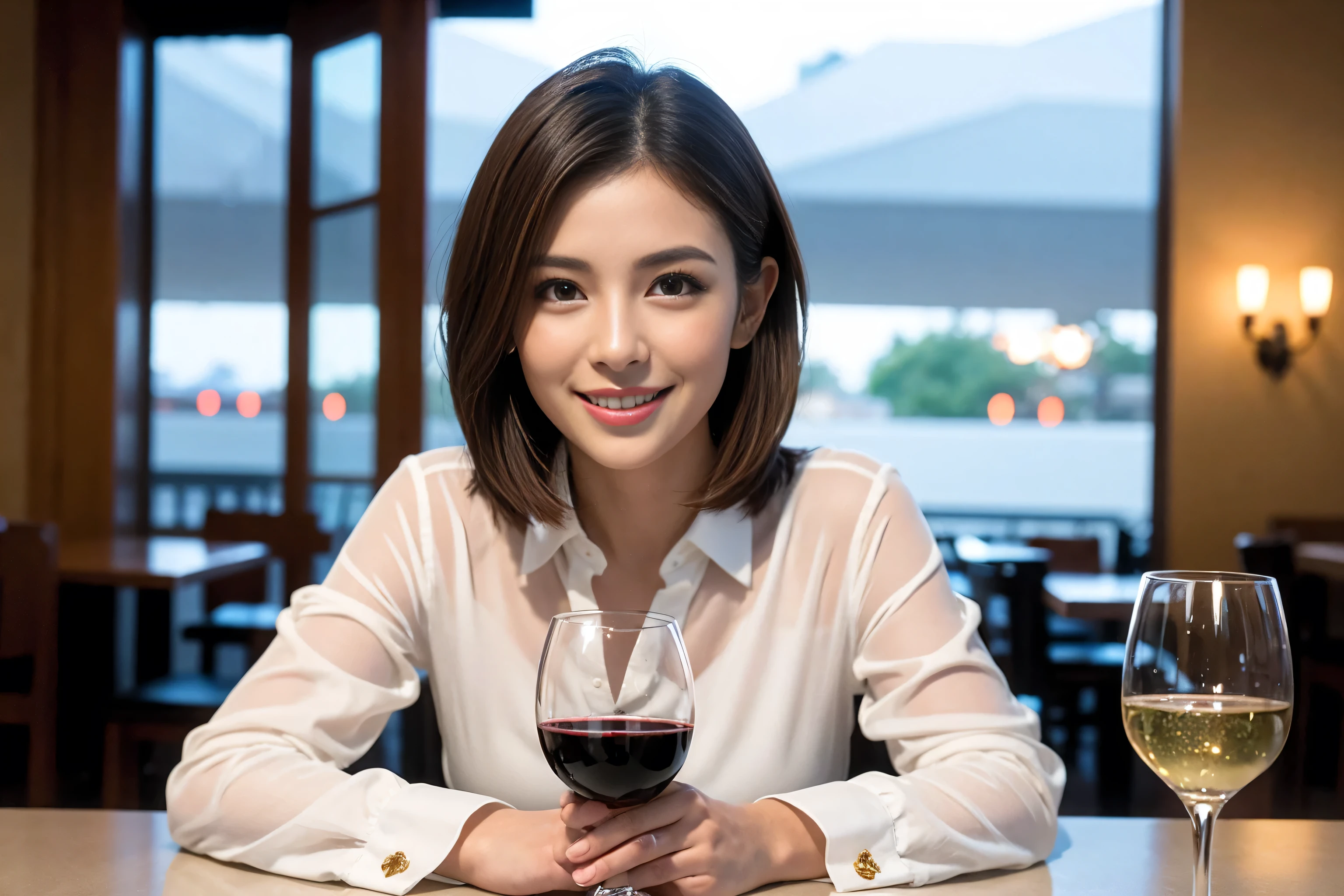((Highest quality、8k、masterpiece:1.3))、cute、Slim couple、Model Couple、Actress、(Realistic, Intricate details:1.2), full-course dinner、Wine Party、Amazing view of the sunset sky and clouds、A bright smile、short hair,Bright Face、 (45 years old), 42 years old, red wine 、Appetizers、Italian food、Wine bottle、Champagne、sparkling wine、Two beauties、Brown Hair、Shortcuts、Long sleeve shirt、dress、Beautiful woman 1, (Slim face), (The body is slim), (Brown Hair), (Shortcuts), cheeks turn a little red,Attractive beauty、restaurant, In a prominent place (From the waist up) Nova Frog Style, actress, model, Upper Body, White wine, slim, wine glass, A wine glass placed in the center, smile, (smile: 1.15), Beautiful fine grain, Depth f/2,saturation, High Contrast, Strong light and shadow,Moist Body:1.5、3D texture、Delicate eyes、Brown Hair、The hair is very shiny、