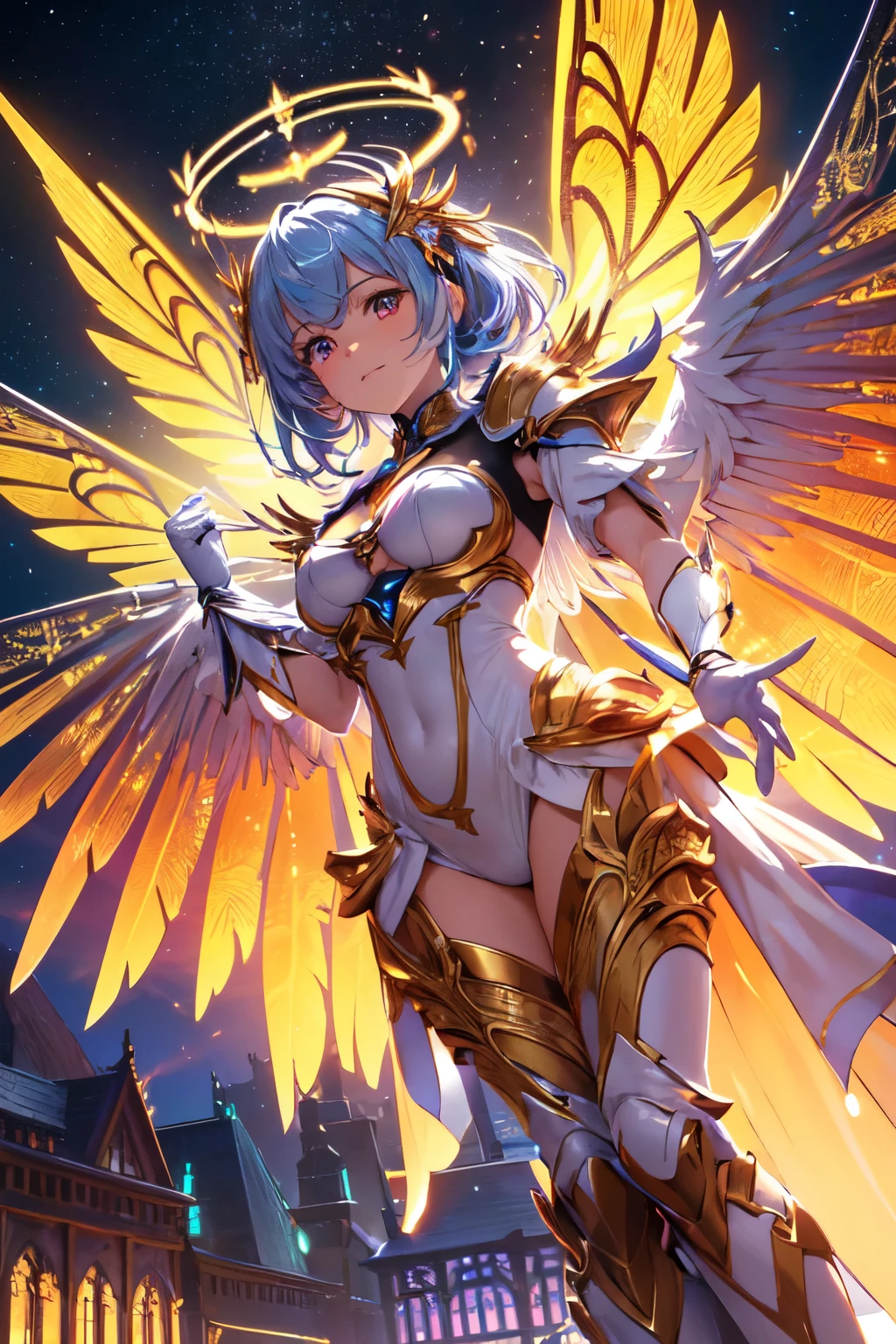 (best quality, masterpiece, colorful, dynamic angle, from below, highest detailed)upper body photo, full body photo, fashion photography of cute mechangel, glowing 4 wings, solo, glowing armor, glowing halo, building, glowing mechanical 4 wings (intricate details, hyperdetailed:1.15), detailed, light passing through hair, (official art, extreme detailed, highest detailed), HDR+