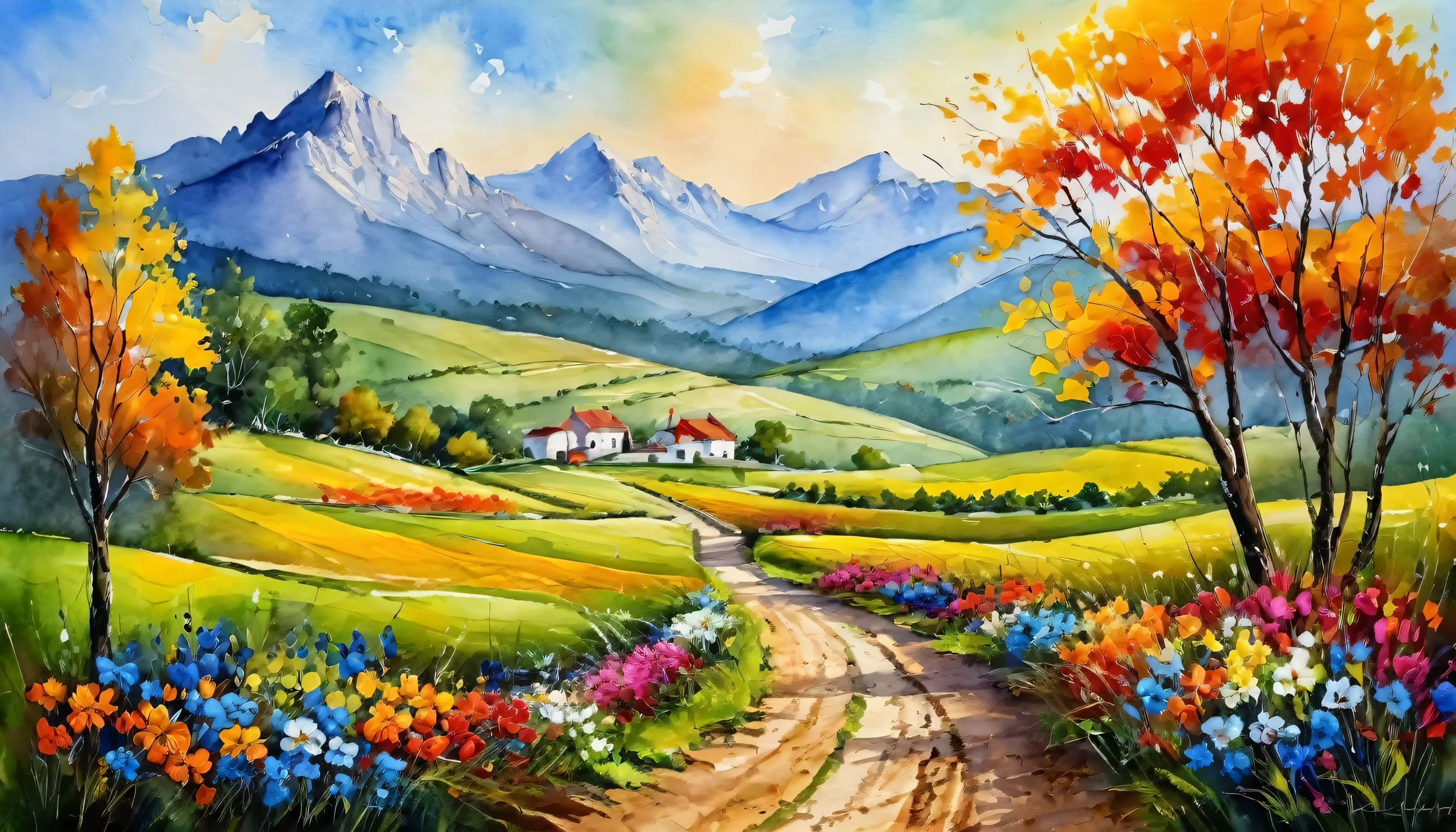 Watercolor painting beautiful landscape . Vibrant, beautiful, painterly, detailed, textural, artistic