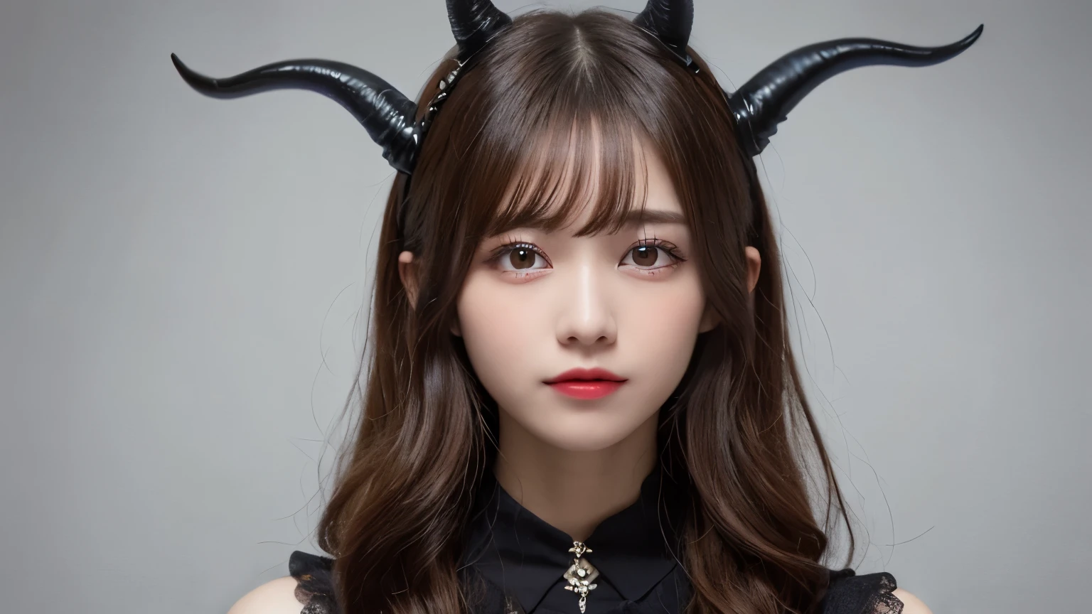 white background, half body portrait, one girl, (a beauty girl, delicate girl:1.3), (20 years old:1.3), break, (bloody costume, devil's horns, devil's wings:1.2), break, (gates of hell:1.2), break, very fine eyes, (symmetrical eyes:1.3), break, small breasts, brown eyes, parted bangs, brown hair, (smile), break, (eyes and faces with detailed:1.0), break, (masterpiece, best quality, ultra detailed, detailed face, 8k)