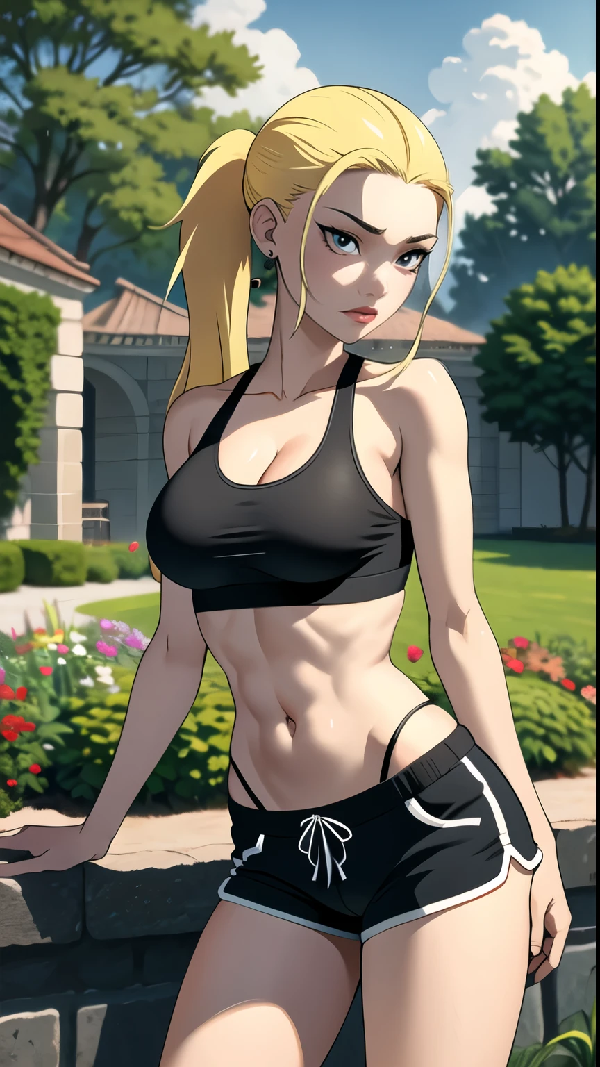 (cowboy shot), (masterpiece, best_quality, ultra-detailed, immaculate:1.3), epic, illustration,
BREAK
ArtemisYJ, ponytail,super long hair,green eyes
(Black sports bra),shorts,cleavage medium breast
BREAK
(courtyard, garden, outdoors, gorgeous view)