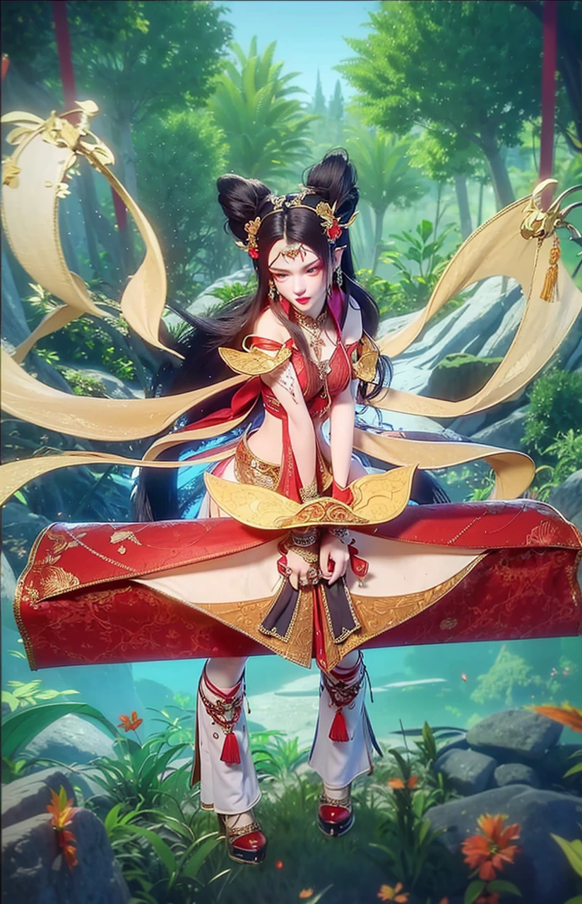 1 very beautiful queen medusha in hanfu dress, thin red silk shirt with many yellow motifs, black lace top, long hair dyed black, beautiful hair jewelry, pretty face pretty and cute, perfect face, earring jewelry, head and hair jewelry, antique jewelry, big red eyes, sharp eye makeup, meticulous makeup eyelashes, thin eyebrows, nose tall, pretty red lips, no smile, pursed lips, rosy cheeks, breast augmentation, wide breasts, big breasts, well-proportioned breasts, slim waist, red mesh stockings with black lace, Chinese hanfu style, fictional art patterns, colors vivid and realistic, RAW photos, realistic photos, ultra-high quality 8k surreal photos, cool photos, (virtual lighting effects: 1.8), 10x pixels, magic effects (background): 1.8), super detailed eyes, beautiful girl body portrait, girl alone, ancient hanfu background, looking directly at the audience, wide original photo, 8k quality, super sharp, detailed and clear picture best, detailed light background,