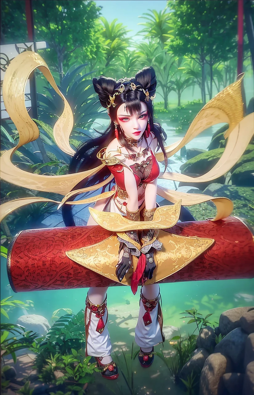 1 very beautiful queen medusha in hanfu dress, thin red silk shirt with many yellow motifs, black lace top, long hair dyed black, beautiful hair jewelry, pretty face pretty and cute, perfect face, earring jewelry, head and hair jewelry, antique jewelry, big red eyes, sharp eye makeup, meticulous makeup eyelashes, thin eyebrows, nose tall, pretty red lips, no smile, pursed lips, rosy cheeks, breast augmentation, wide breasts, big breasts, well-proportioned breasts, slim waist, red mesh stockings with black lace, Chinese hanfu style, fictional art patterns, colors vivid and realistic, RAW photos, realistic photos, ultra-high quality 8k surreal photos, cool photos, (virtual lighting effects: 1.8), 10x pixels, magic effects (background): 1.8), super detailed eyes, beautiful girl body portrait, girl alone, ancient hanfu background, looking directly at the audience, wide original photo, 8k quality, super sharp, detailed and clear picture best, detailed light background,