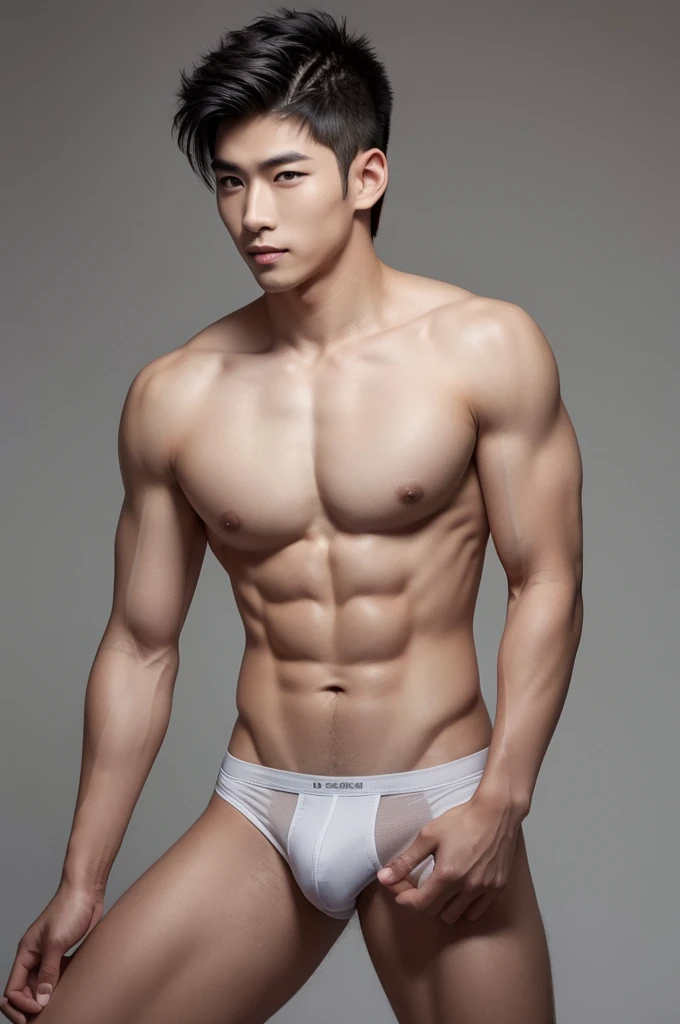 Japanese male model in micro thongs, Full Body Shoot, Quiff haircut, look at camera, detailed facial parts, Manly, Charmer, Active Boy, stand in front of gray background, Freestyle Pose, Happy Expression, perfect anatomy, symmetric body, asian boy 19 years old, shirtless :: high detail, asian, a little six packs attractive body, realistic, human skin, Short Hairstyle, handsome chad chin, shirtless, handsome, attractive, masculine, sexually attractive, human skin, (eyes contact), Handsome, Attractive