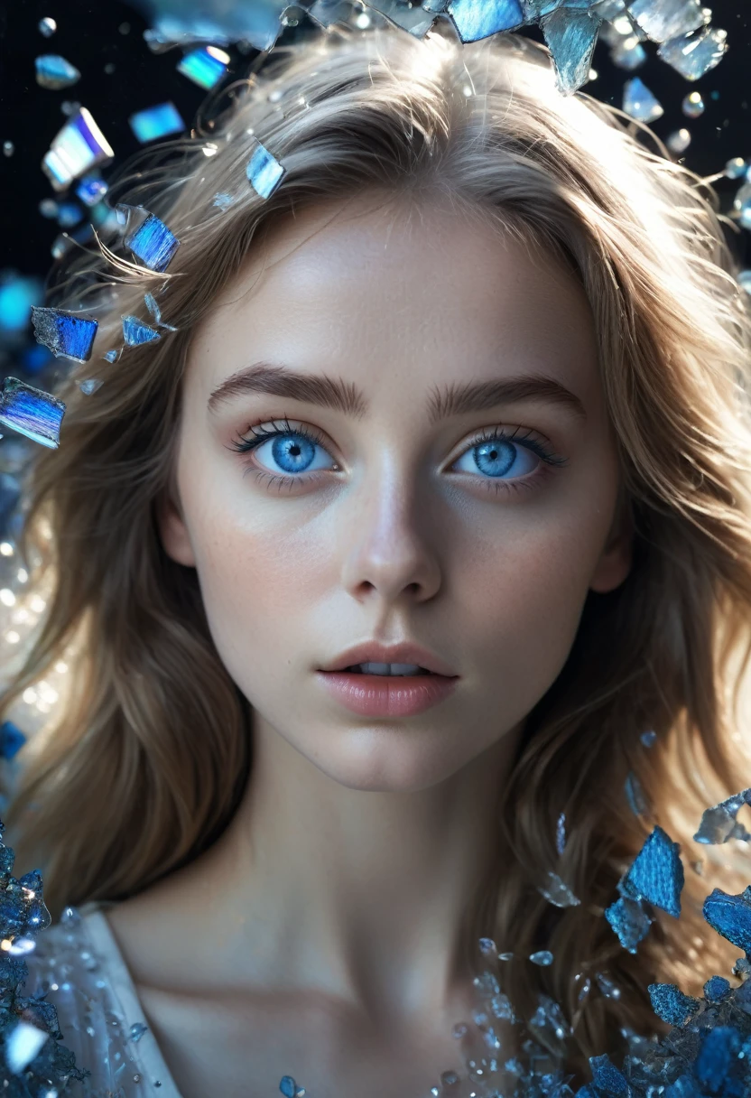 8K,Best quality, masterpiece, ultra high res, (photorealistic:1.4), raw photo, (Authentic skin texture:1.3), (film grain:1.3), (selfie angle),1girl,beautiful detailed deep blue eyes and face, masterpiece, best quality, close-up, black n white, Broken Glass effect, no background, stunning, something that even doesn't exist, mythical being, energy, molecular, textures, iridescent and luminescent scales, breathtaking beauty, pure perfection, divine presence, unforgettable, impressive, breathtaking beauty, Volumetric light, auras, rays, vivid colors reflects
