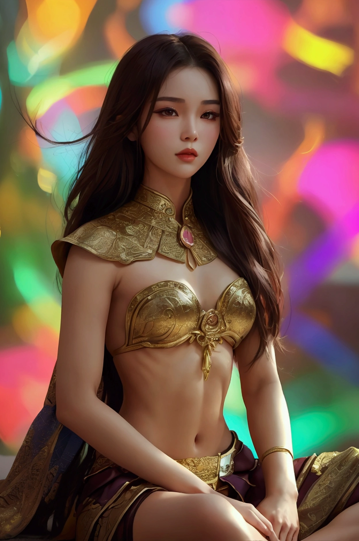 Create an image of a beautiful woman wearing a sexy traditional Thai female warrior outfit. She has a slender face, sharp eyes, long hair, an angled face, a high nose, thin lips, a chest size of 32 inches, a waist size of 24 inches, hips size 33 inches, her skin is bright and white. she has brown hair She has pink nipples Her body was slim and muscular like an athlete. And she was enjoying sitting with her legs spread in an M shape, showing off her very attractive genitals.
