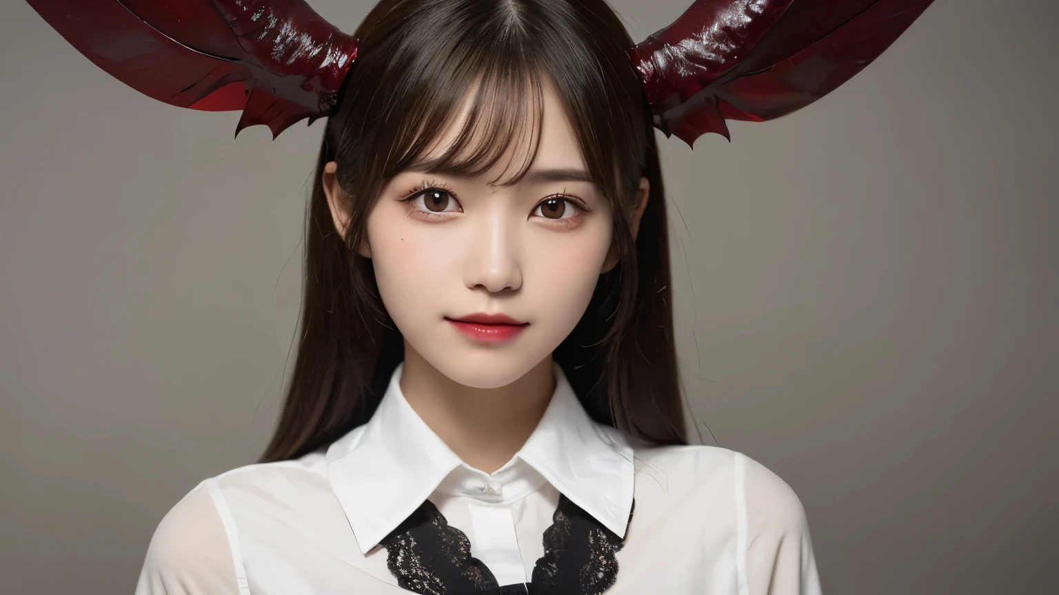 white background, half body portrait, one girl, (a beauty girl, delicate girl:1.3), (20 years old:1.3), break, (bloody costume, devil's horns, devil's wings:1.2), break, (gates of hell:1.2), break, very fine eyes, (symmetrical eyes:1.3), break, small breasts, brown eyes, parted bangs, brown hair, (smile), break, (eyes and faces with detailed:1.0), break, (masterpiece, best quality, ultra detailed, detailed face, 8k)