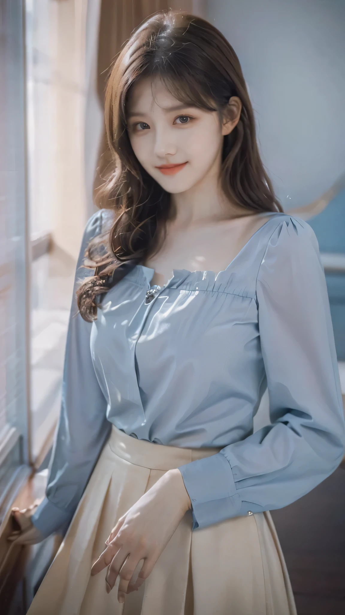 detailed background, masterpiece, best quality, 1 person , curly hair, long hair, purple eyes, star in eye , light blue color Strapless blouse, long skirt