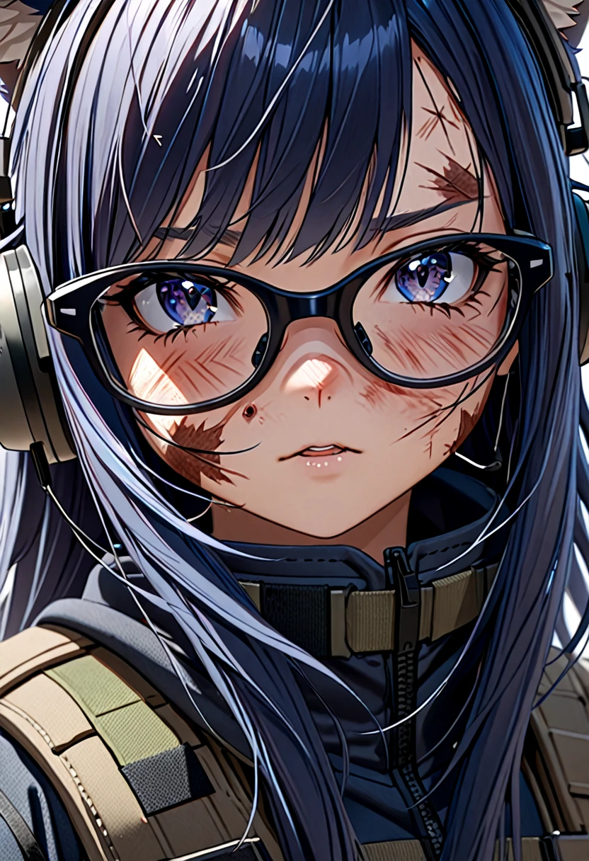 8K Ultra High-Quality, ultra-detailed, High quality, 8K Ultra High-Quality, ultra-detailed, High quality, Dark Blue hair, Long hair, Headset, cat girl, Glasses, tactical clothes, close up, face covered in injury scars