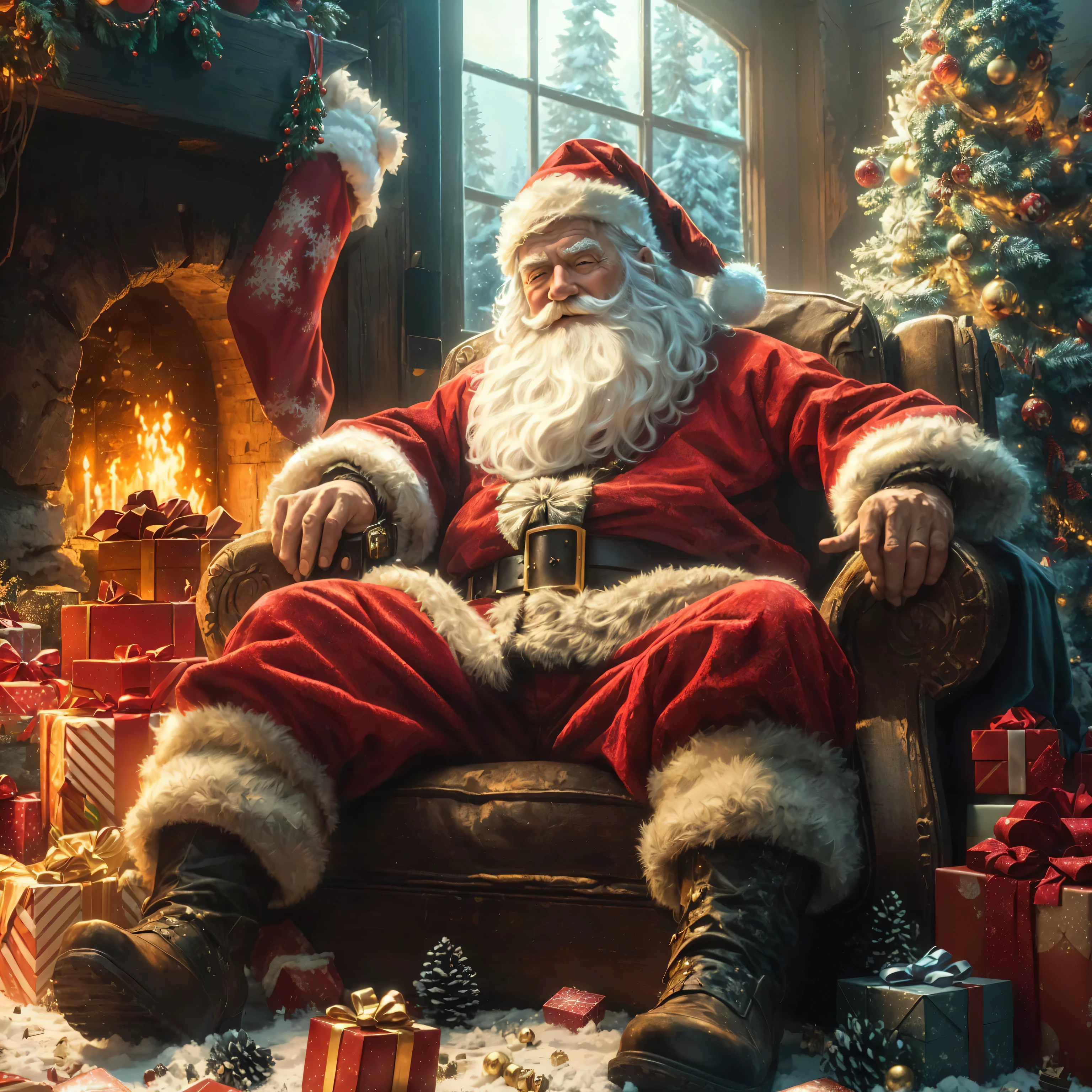 Santa Claus claus sitting in a chair with presents around him, Santa Claus claus, Santa Claus clause, sitting on Santa Claus, Santa Claus, Santa Claus inside a rustic barn, Santa Claus's workshop, Alexander Kucharsky, Surrealism, Wojtek Fuss, Christmas Eve, Very high resolution, Portraits, 🕹️ 😎 🔫 🤖 🚬, unbelievably realistic, Kerem couplet
