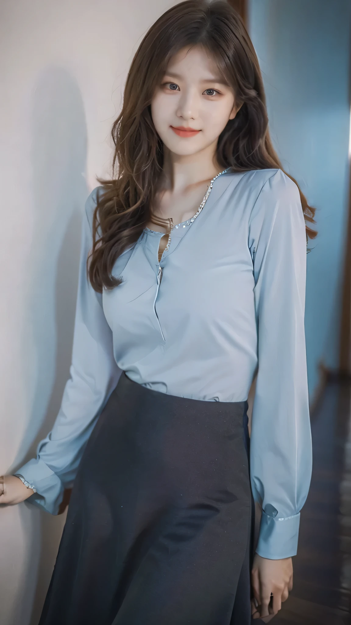 detailed background, masterpiece, best quality, 1 person , curly hair, long hair, purple eyes, star in eye , light blue color Strapless blouse, long skirt