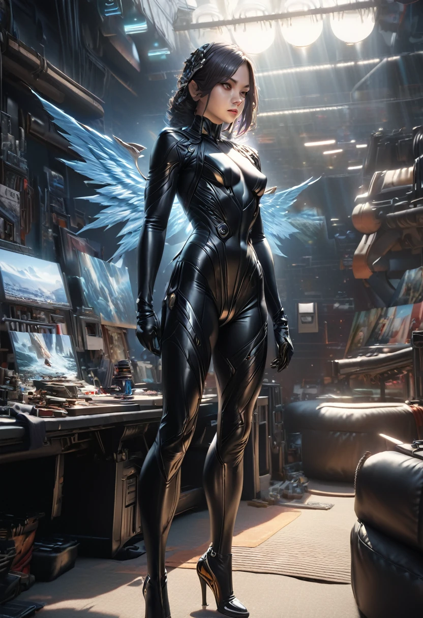 a beautiful girl wearing a tight bodysuit, angel and demon wings, high heels, detailed face, intricate costume, dramatic lighting, sci-fi, fantasy, cinematic, (best quality,4k,8k,highres,masterpiece:1.2),ultra-detailed,(realistic,photorealistic,photo-realistic:1.37),HDR,UHD,studio lighting,ultra-fine painting,sharp focus,physically-based rendering,extreme detail description,professional,vivid colors,bokeh