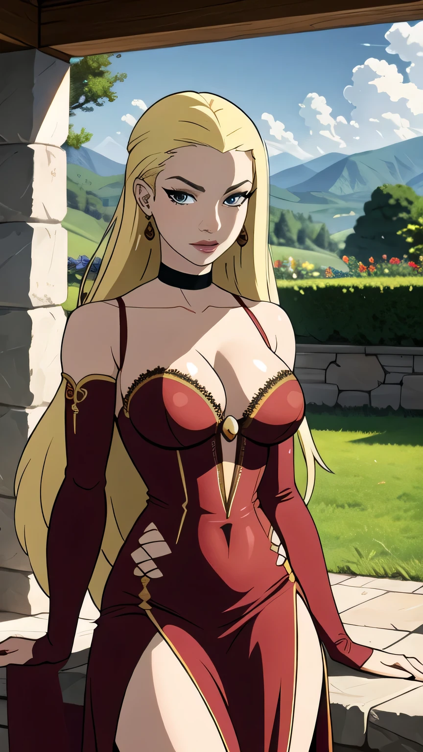 (cowboy shot), (masterpiece, best_quality, detailed, immaculate:1.3), epic, illustration,Anime Style
BREAK
ArtemisYJ,super long hair,Blonde Hair,
extremely detailed clothing fabric(Red dress) ,medium breast,cleavage,earrings ,
BREAK
(courtyard, garden, outdoors, gorgeous view)