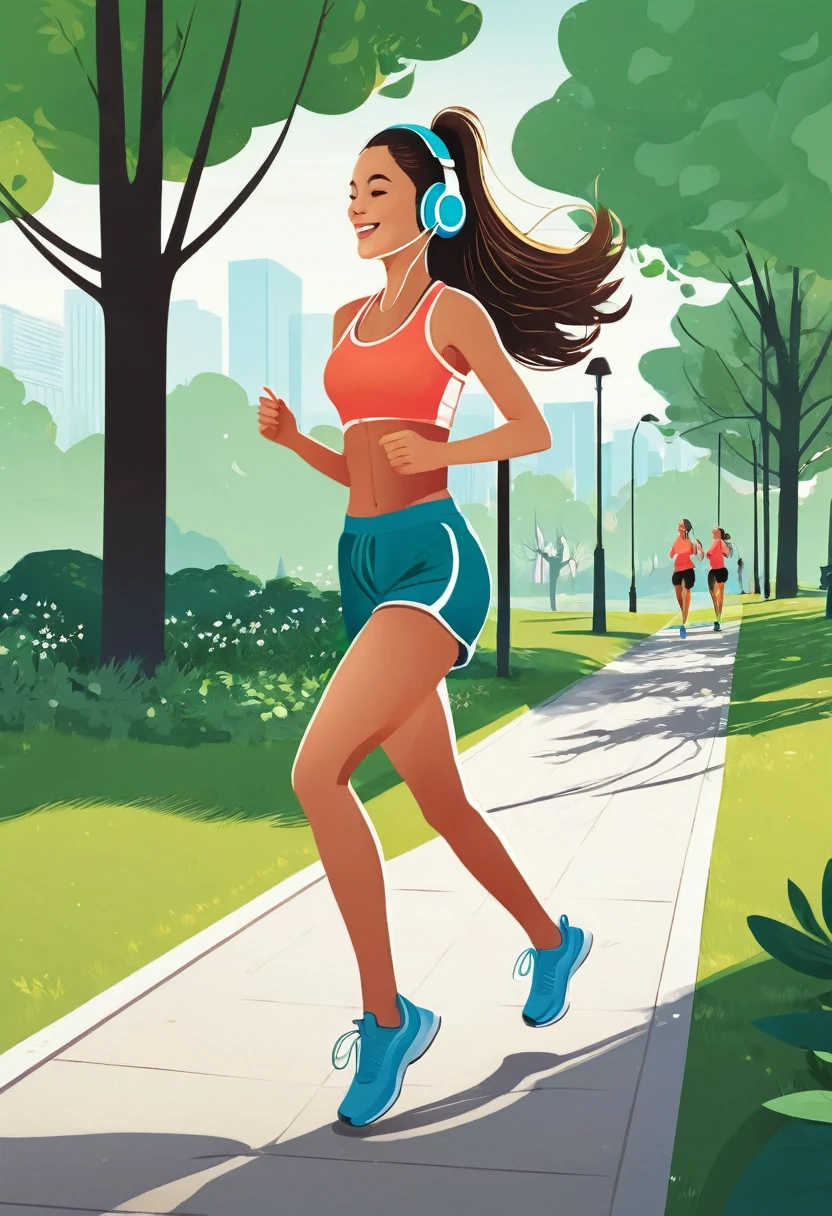 Create an illustration of a girl jogging in the park listening to music on headphones
