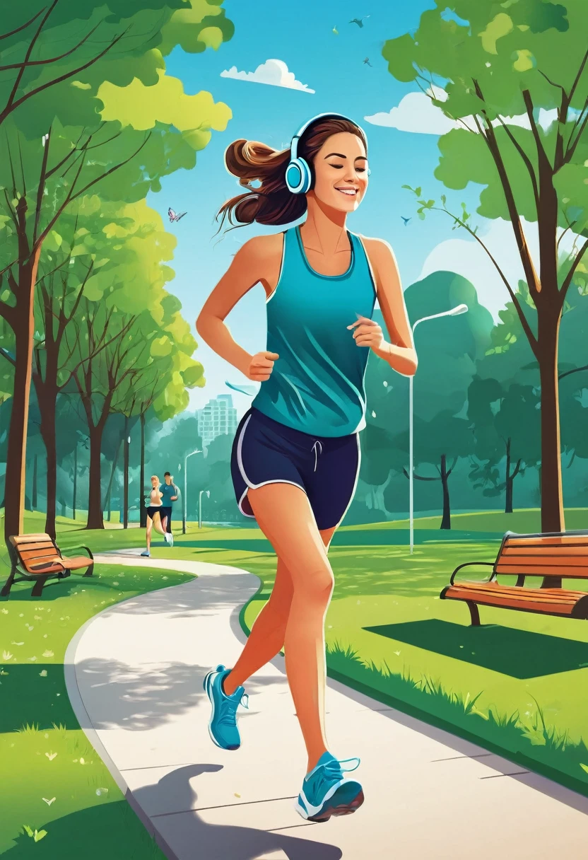 Create an illustration of a girl jogging in the park listening to music on headphones