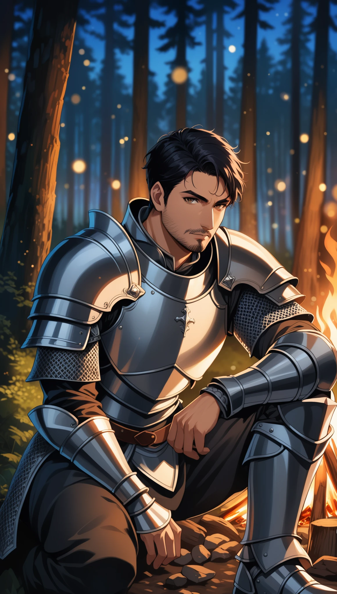 8K, RAW, best quality, masterpiece, ultra high res, colorful, (medium wide shot), (dynamic perspective), sharp focus, (depth of field, bokeh:1.3), extremely detailed eyes and face, beautiful detailed eyes, 
1man, solo, (Human, Knight, light leather armor, muscular, calm face, stubble, short black hair), sits, hands on knees,
near campfire, lean back to tree, looking at viewer, facing viewer, right side view, forest background, dark forest, night time