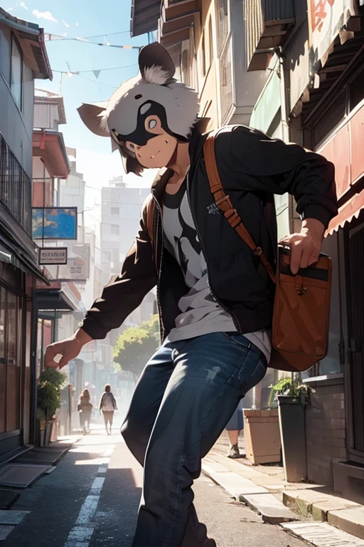 Man giving a speech,Koala Mask,male,man,masterpiece,best quality,super detailed,super fine illustration,8k,anime style,break detailed background,