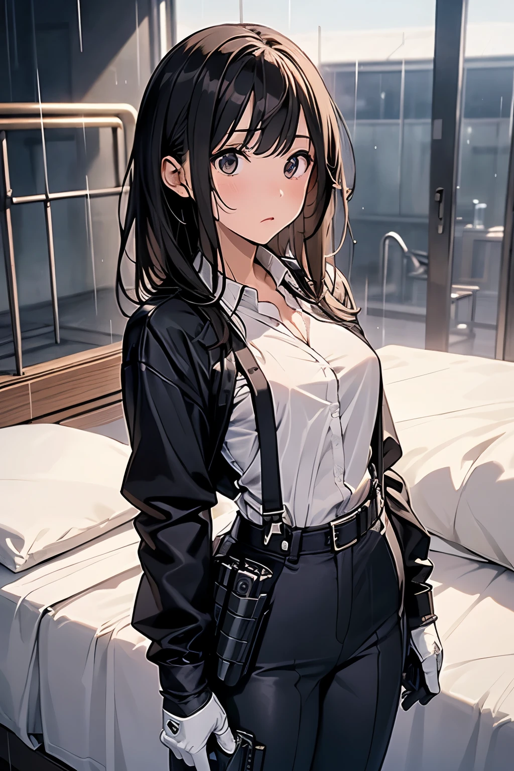 1 female, , high quality, masterpiece, Ultra-high resolution, , Cinema Lighting, , , And the suspenders with the cranes flying Large Breasts Small face holster Lying in bed Looking up Sweat belt summer 脇Sweat Black Hole Gloves suit shirt Black jacket Black trousers Leg Links ズボンにbelt holster Hands behind your back Anxious expression Looking up Anxious face, legs apart Armament Handgun handcuffs Cable ties レッグholster holster See-through clothing heavy rain Getting wet in the rain