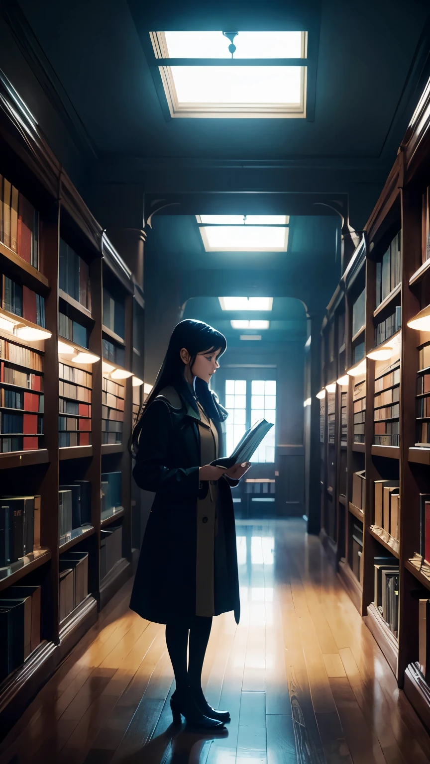 arafed woman in a coat standing in a hallway looking at a book, studying in a brightly lit room, standing in a dimly lit room, studious chiaroscuro, movie still of magician school girl, dusty library, in a gloomy library, perfectly lit. movie still, scholarly, standing inside a magic library