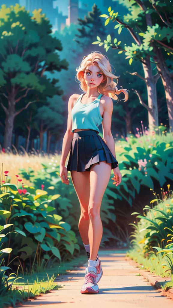 (Best quality 4K, high resolution, masterpiece:1.2), (character concept art), a beautiful young woman from a small countryside town in the United States, full-body showcase, an hourglass figure, long toned legs, and large D cup breasts, She has stunning long, platinum blonde hair, often left loose or in a simple braid, and captivating gray eyes that reflect her humble origins and strong character, wearing pink tank top tucked into matching mini skirt, white sneakers, expressive face, combined with her natural beauty and understated style, evokes an aura of simplicity, authenticity, and warmth, set against the backdrop of the idyllic countryside.