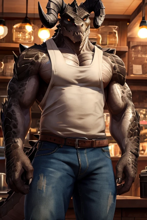 HDR, UHD, 8K, best quality, masterpiece, Highly detailed, sharp focus, detailed, ultra high res, amazing composition, intricate, hyperdetailed, detailed body, (detailed face:1.1), (rendered eyes), (perfect eyes), view from below, front view, solo focus, male focus, furry, scalie, mature man, sexy man, Deathclaw, toned arms, muscular body, chiseled chest, scales, greenish grey scales, tank top, waist apron, jeans, coffee, coffee shop