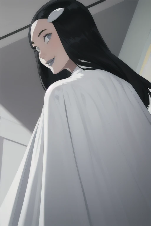 Tinya Wazzo, solo,black hair, long hair. grey eyes, smile, grey lips, white cape, best quality, masterpiece, 1girl, Masterpiece, Best Quality, Detail, room, From Behind, From Below, cape infront, beautiful cape