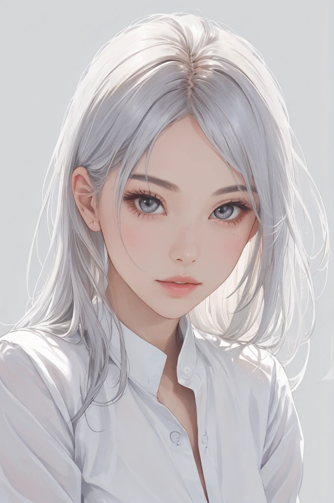 Best Creator，1 beautiful girl、Big round eyes、１By people、Realistic、lips、Tabletop、highest quality、Excellent anatomy、Skin Texture、White Background、Small breasts、White Satin Blouse、Glitter、Gray Hair、Long Hair、Beautiful memories、White Tone、Warm Light