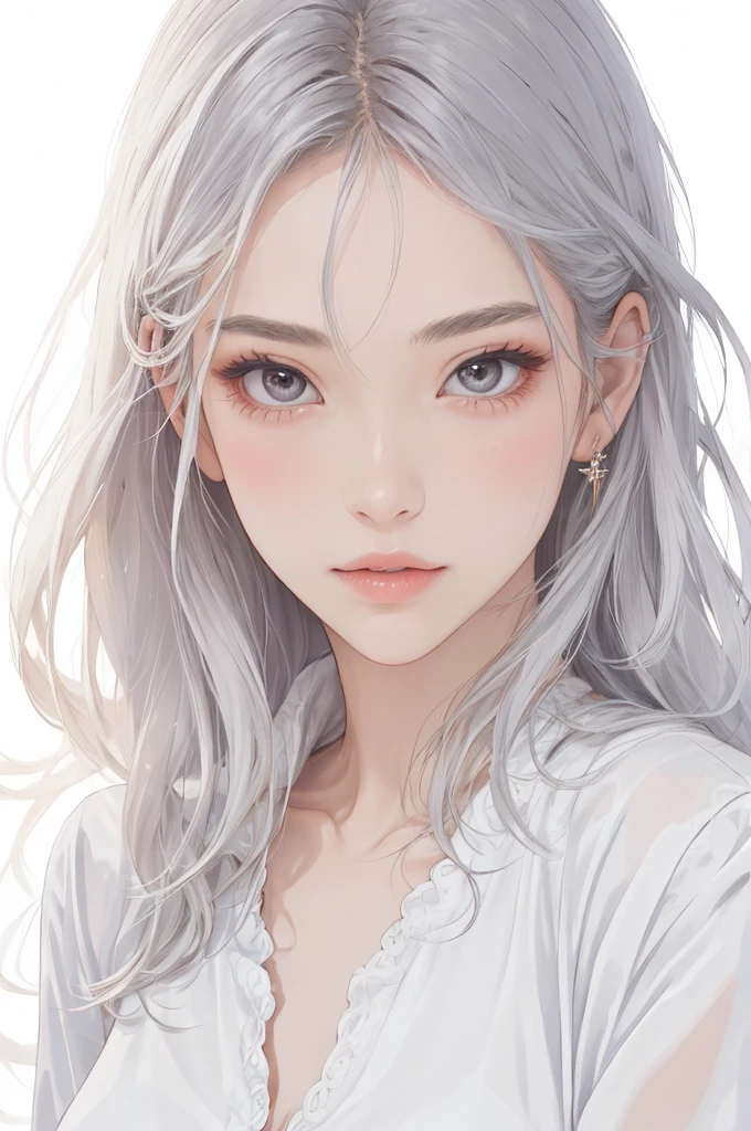 Best Creator,1 beautiful girl、Big round eyes、1By people、Realistic、lips、Tabletop、highest quality、Excellent anatomy、Skin Texture、White Background、Small breasts、White Satin Blouse、Glitter、Gray Hair、Long Hair、Beautiful memories、White Tone、Warm Light
