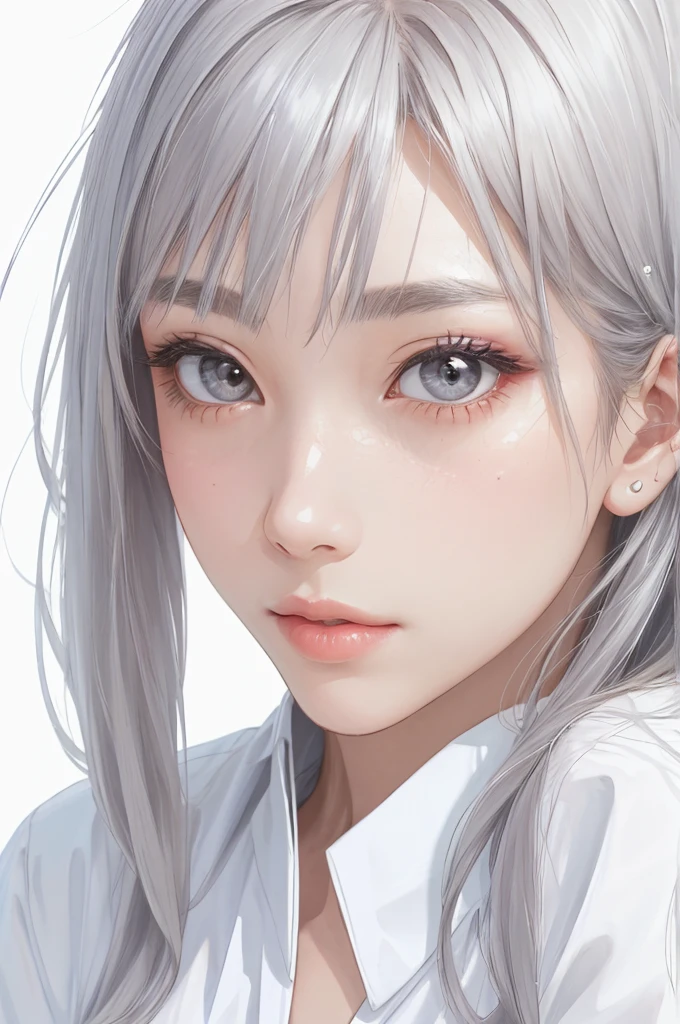 Best Creator,1 beautiful girl、Big round eyes、1By people、Realistic、lips、Tabletop、highest quality、Excellent anatomy、Skin Texture、White Background、Small breasts、White Satin Blouse、Glitter、Gray Hair、Long Hair、Beautiful memories、White Tone、Warm Light