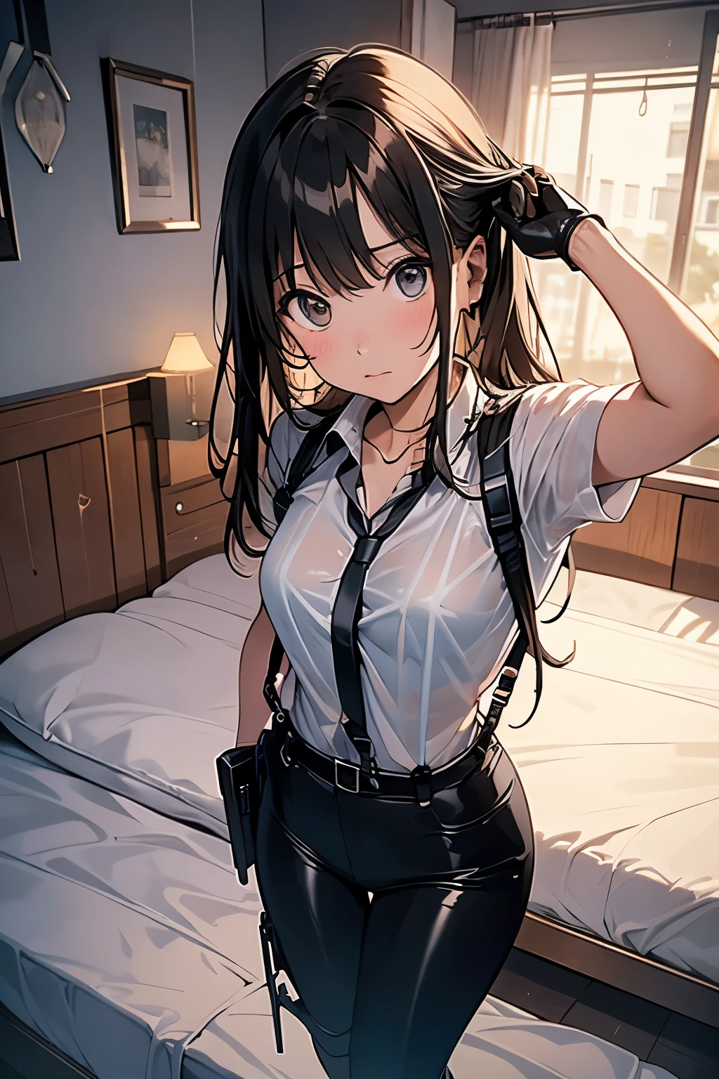 1 female, , high quality, masterpiece, Ultra-high resolution, , Cinema Lighting, , , And the suspenders with the cranes flying Large Small face holster Lying in bed Looking up Sweat belt summer 脇Sweat Black Hole Gloves suit shirt Black jacket Black trousers Leg Links ズボンにbelt holster Hands behind your back Anxious expression Looking up Anxious face, legs apart Armament Handgun handcuffs Cable ties レッグholster holster See-through clothing heavy rain Getting wet in the rain