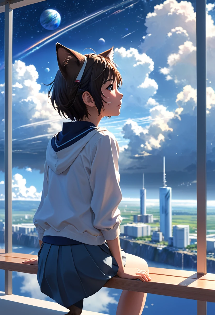 Anime cat-eared girl sitting on a shelf looking at the sky, anime drawings inspired by Makoto Shinkai, trending on pixiv, space art, Makoto Shinkai Cyril Roland, 4K anime wallpapers, anime art wallpaper 8 K, anime art wallpaper 4K, anime wallpaper 4K, anime wallpaper 4K, anime wallpaper 4K