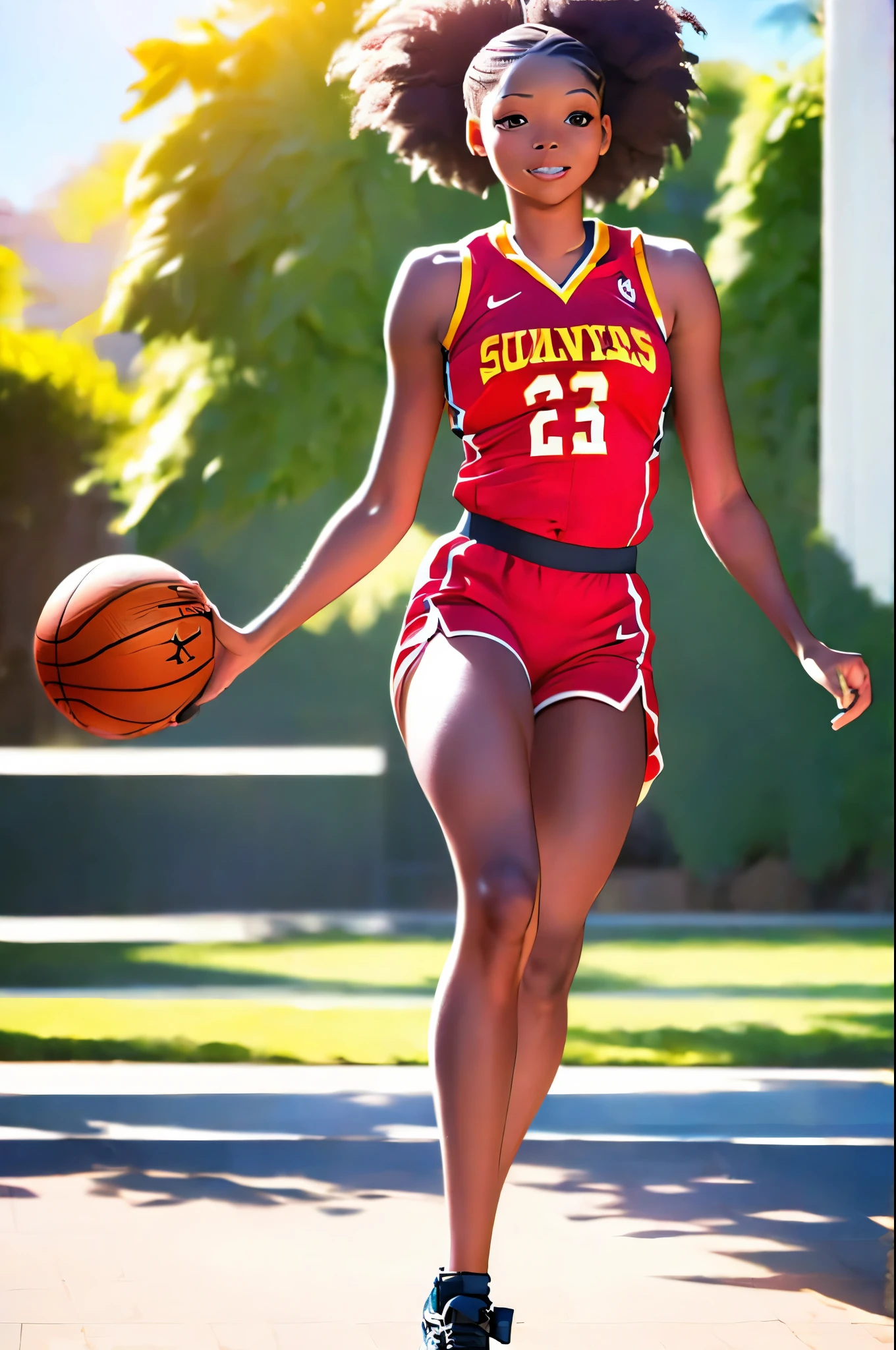 (8k, best quality, masterpiece:1.2), (realistic, photo-realistic:1.37), ultra-detailed,best quality, ultra high res, professional lighting, photon mapping, radiosity, physically-based rendering, cinematic lighting, basketball court,depth of field, sharp focus,sunbeam, good composition,(bokeh:1.2) 1girl,solo,(full body), (closed mouth),beautiful detailed eyes, pose, narrow waist,basketball uniform, black hair,messy hair,long hair floating in wind,(ulzzang-6500:1.2),  mix4, hiqcgbody