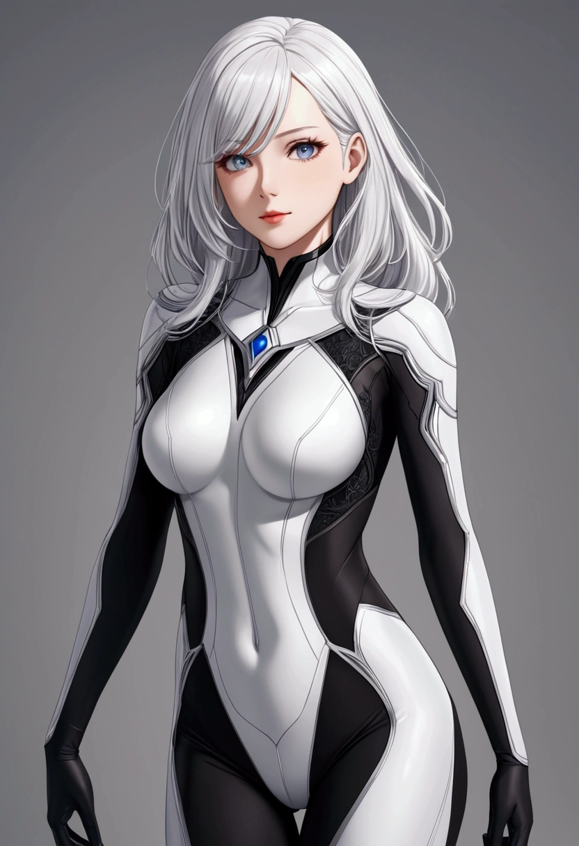 A girl with long smooth white hair,mature grey eyes,fair skin tone, average height,bodysuit, detailed eyes, detailed body,long shot, 8k highres best quality.