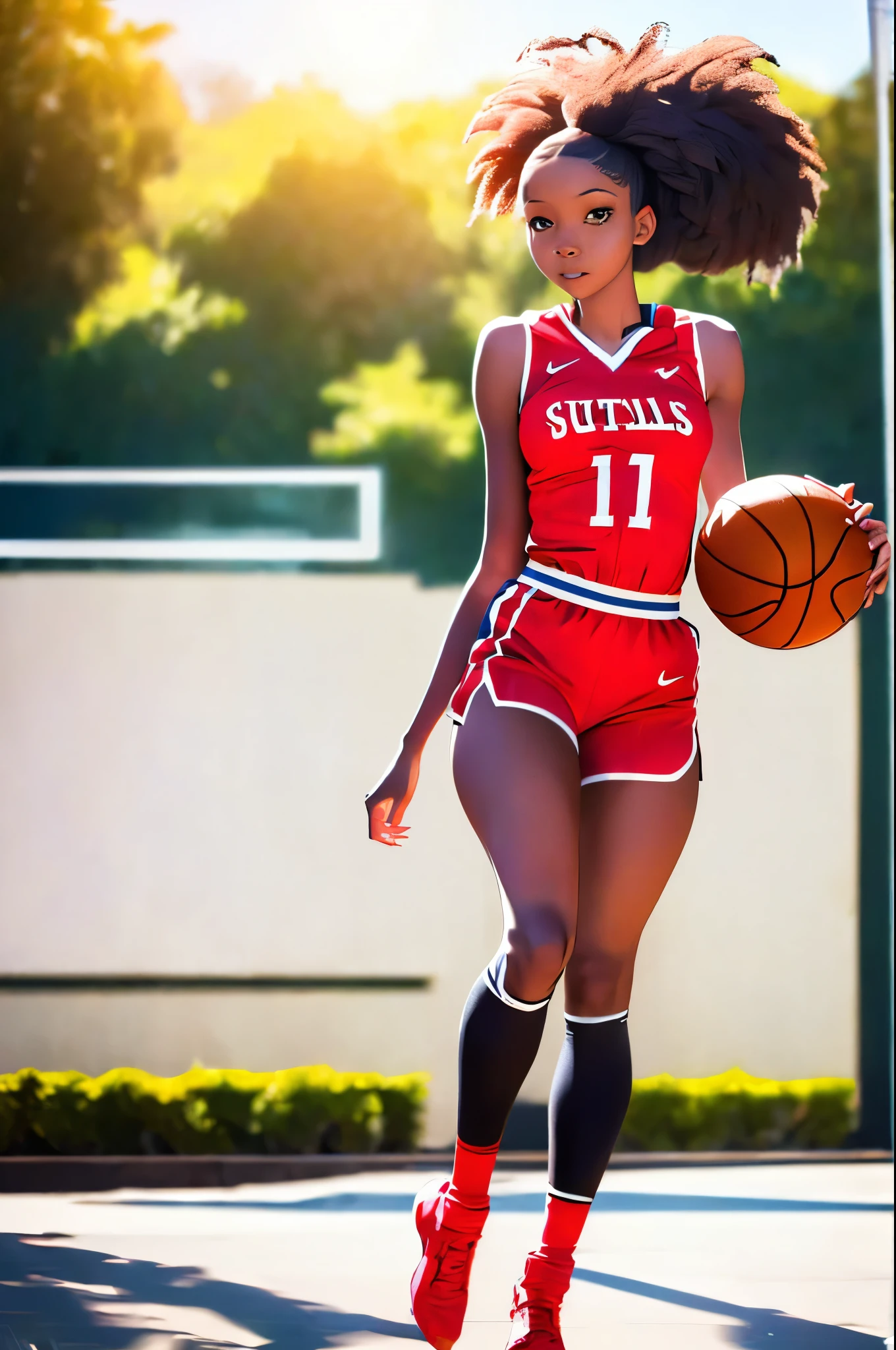 (8k, best quality, masterpiece:1.2), (realistic, photo-realistic:1.37), ultra-detailed,best quality, ultra high res, professional lighting, photon mapping, radiosity, physically-based rendering, cinematic lighting, basketball court,depth of field, sharp focus,sunbeam, good composition,(bokeh:1.2) 1girl,solo,(full body), (closed mouth),beautiful detailed eyes, pose, narrow waist,basketball uniform, black hair,messy hair,long hair floating in wind,(ulzzang-6500:1.2),  mix4, hiqcgbody