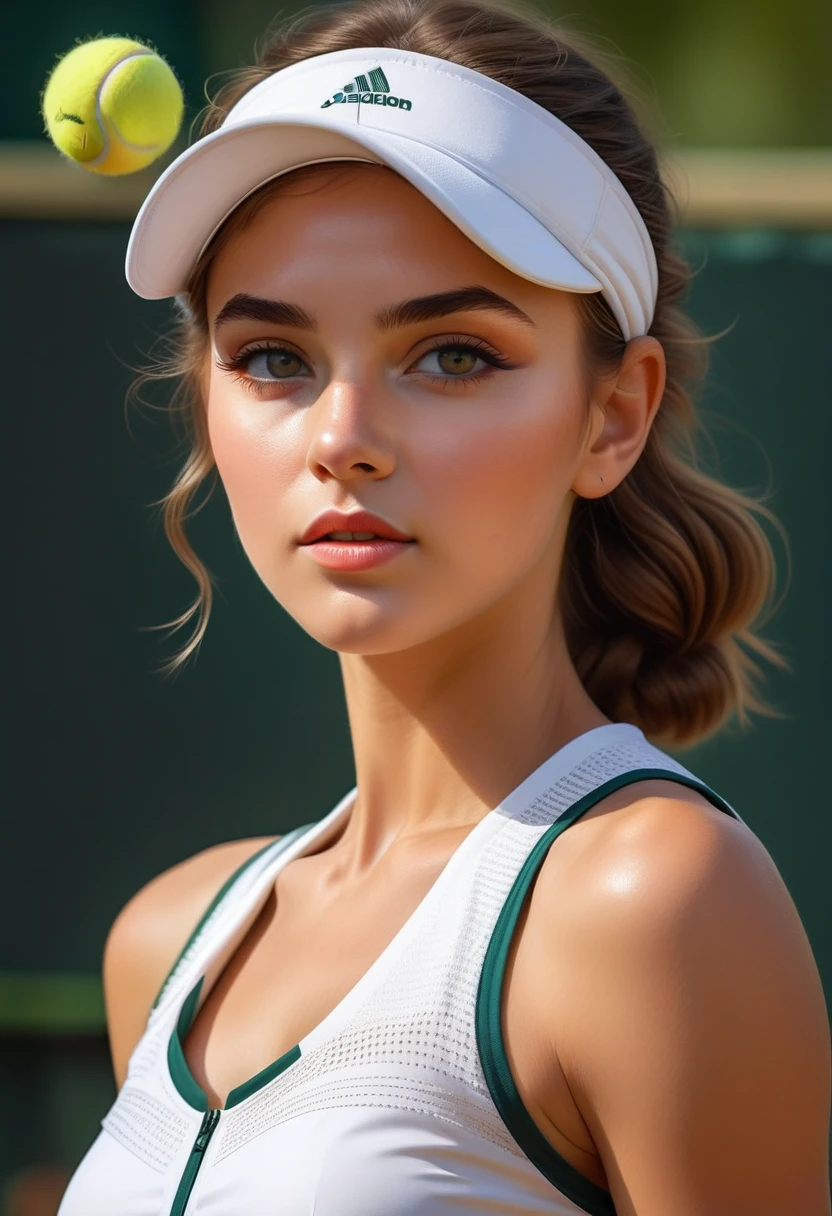 a beautiful elegant tennis girl, fashionable, wearing tennis wear, impeccable makeup, detailed facial features, delicate skin, graceful pose, intricate clothing textures, warm lighting, vibrant colors, photorealistic, 8k, high quality, intricate details, digital painting, concept art style